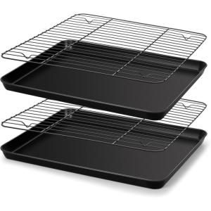 E-far Nonstick Baking Sheet with Rack Set, 16 x 12 x 1 Inch Cookie Sheet Baking Pans with Cooling Racks, Warp Resistant & Heavy-Duty, Non-Toxic & Easy Clean (2 Pans + 2 Racks)(16”x12”x1”)