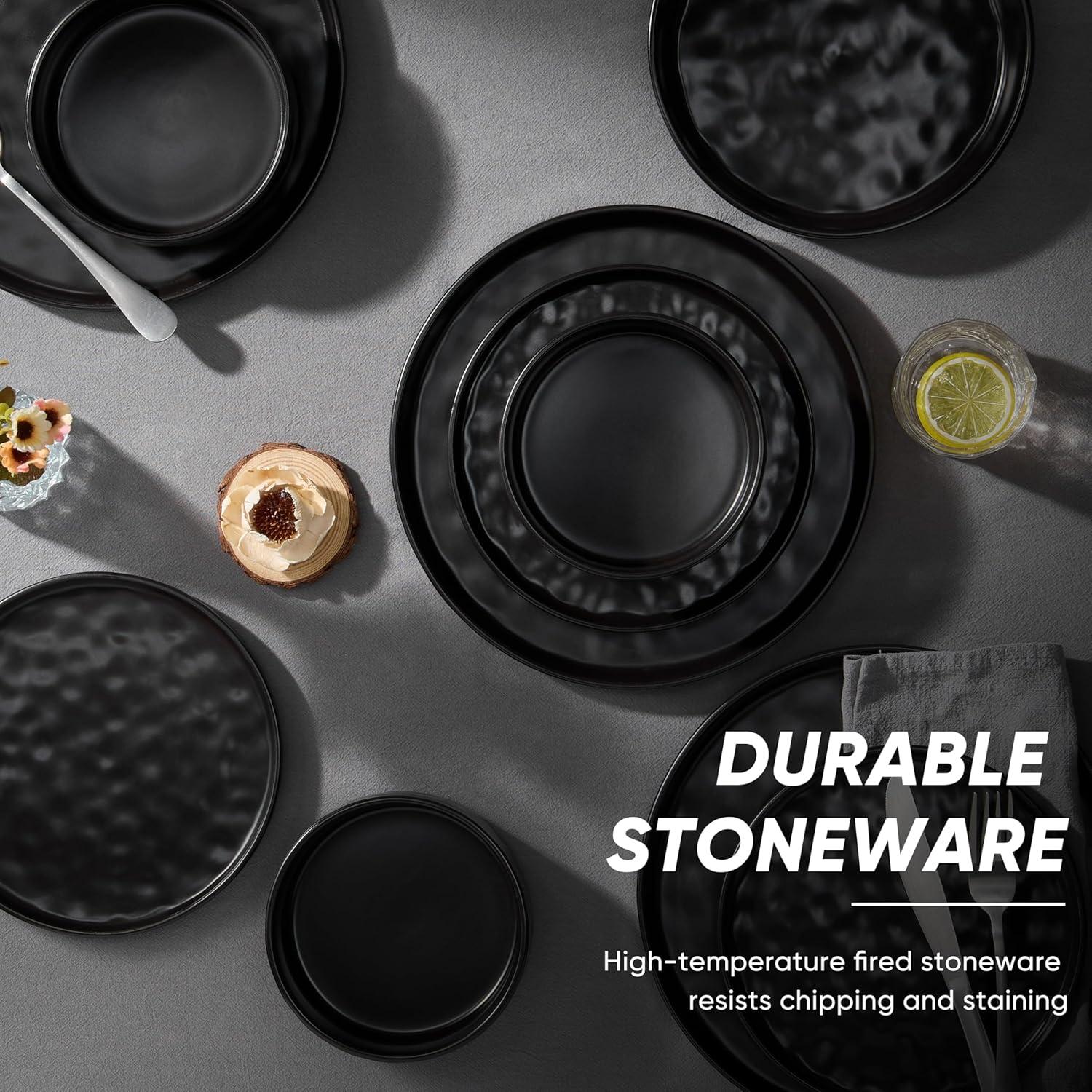 imageEfar 16Piece Plates and Bowls Sets with Pasta Bowls Stoneware Dinnerware Set for 4 Modern Ribbed Dishes Microwave amp Dishwasher Safe MulticolorMatte Black