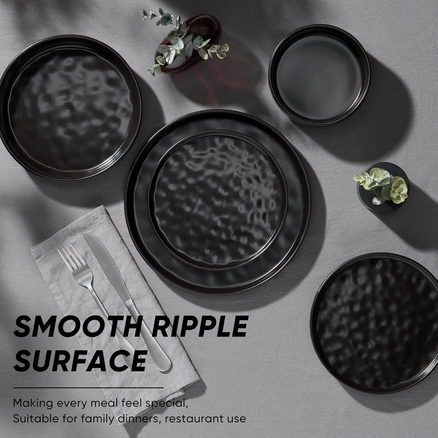 imageEfar 16Piece Plates and Bowls Sets with Pasta Bowls Stoneware Dinnerware Set for 4 Modern Ribbed Dishes Microwave amp Dishwasher Safe MulticolorMatte Black