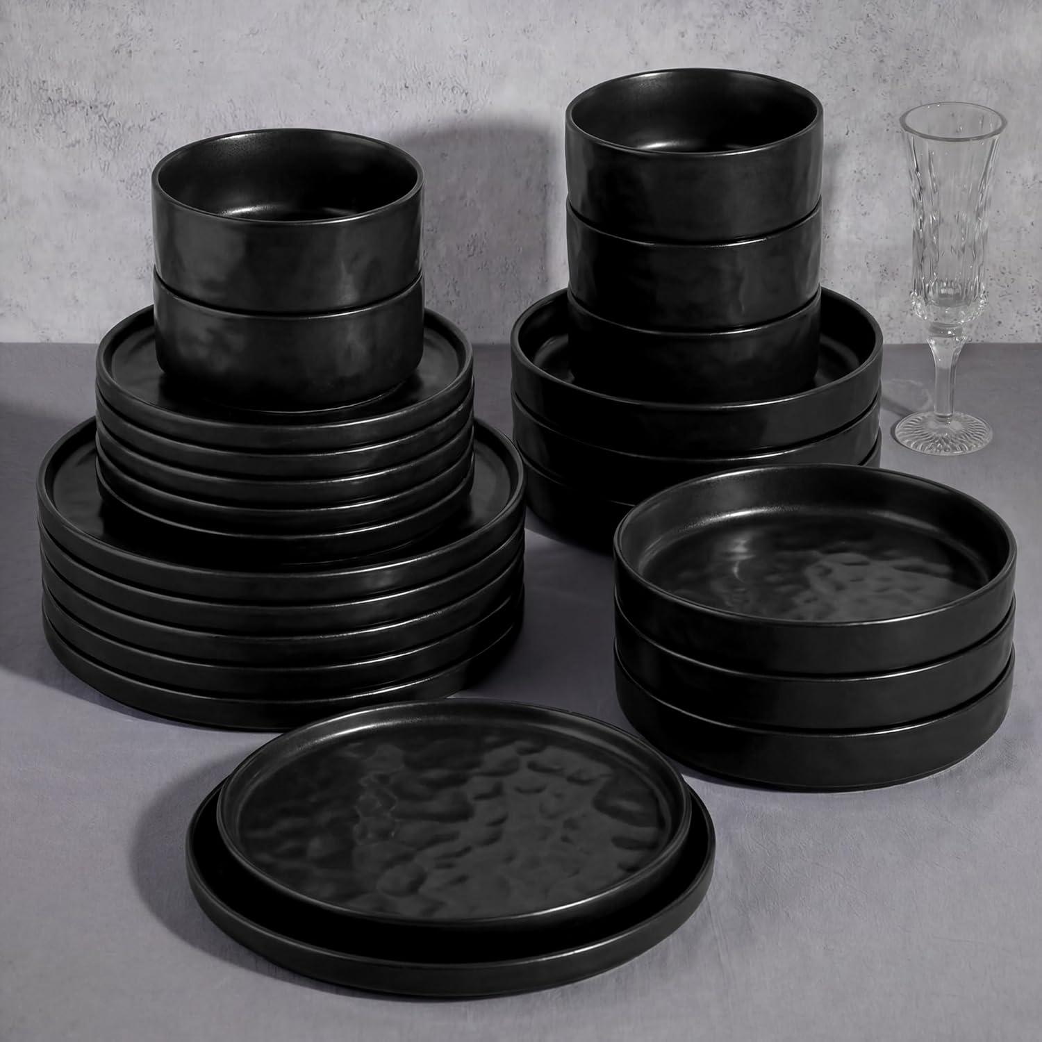imageEfar 16Piece Plates and Bowls Sets with Pasta Bowls Stoneware Dinnerware Set for 4 Modern Ribbed Dishes Microwave amp Dishwasher Safe MulticolorMatte Black