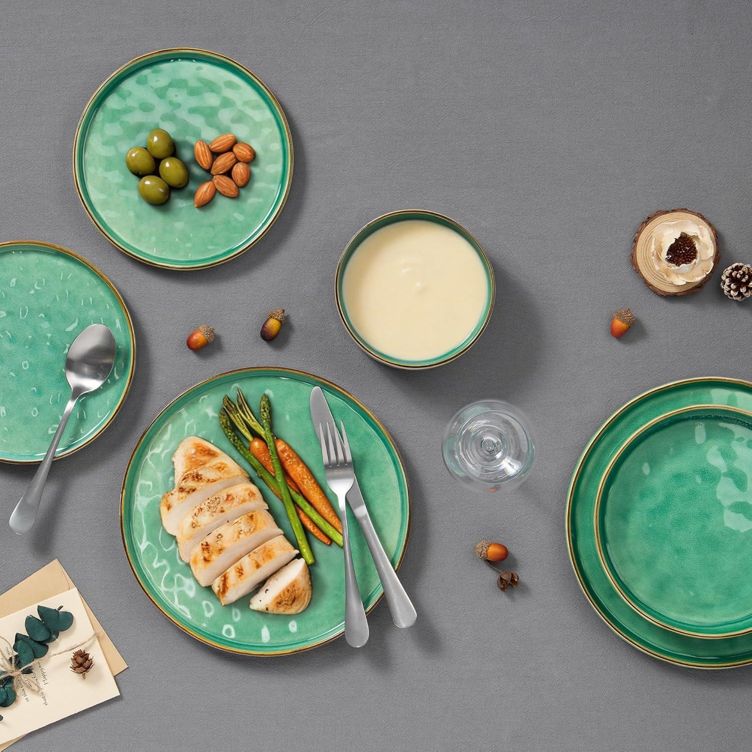 imageEfar 16Piece Plates and Bowls Sets with Pasta Bowls Stoneware Dinnerware Set for 4 Modern Ribbed Dishes Microwave amp Dishwasher Safe MulticolorReactive Green