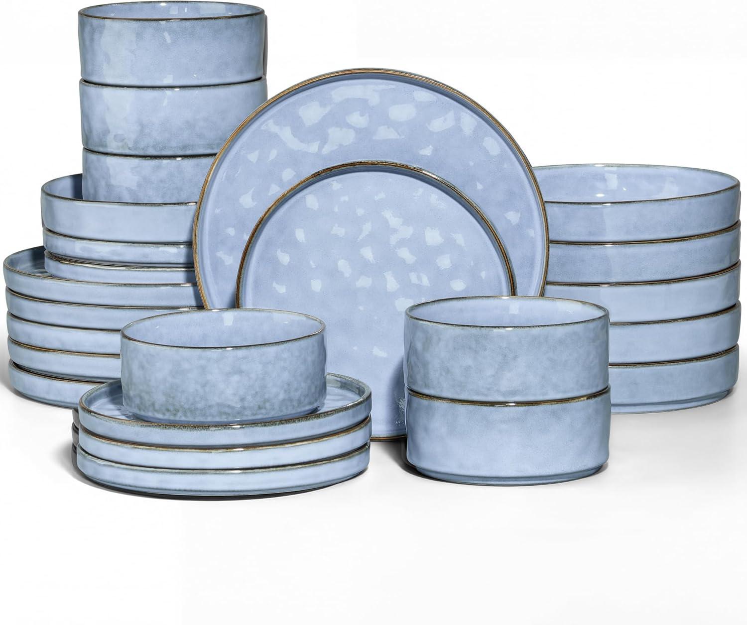 imageEfar 16Piece Plates and Bowls Sets with Pasta Bowls Stoneware Dinnerware Set for 4 Modern Ribbed Dishes Microwave amp Dishwasher Safe MulticolorReactive Blue