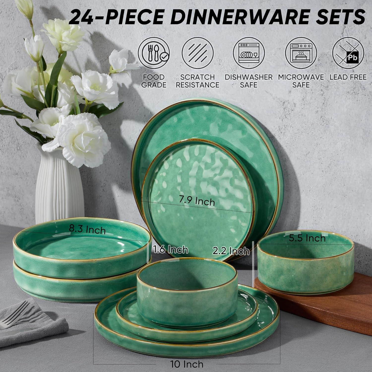 imageEfar 16Piece Plates and Bowls Sets with Pasta Bowls Stoneware Dinnerware Set for 4 Modern Ribbed Dishes Microwave amp Dishwasher Safe MulticolorReactive Green