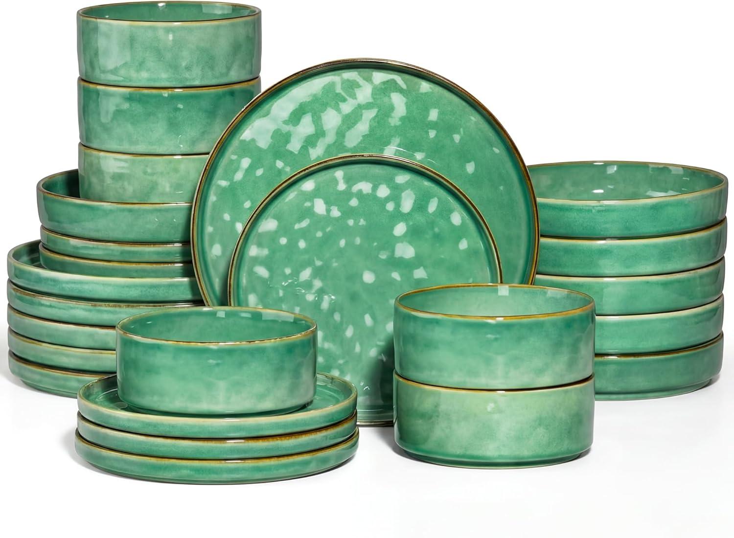 imageEfar 16Piece Plates and Bowls Sets with Pasta Bowls Stoneware Dinnerware Set for 4 Modern Ribbed Dishes Microwave amp Dishwasher Safe MulticolorReactive Green