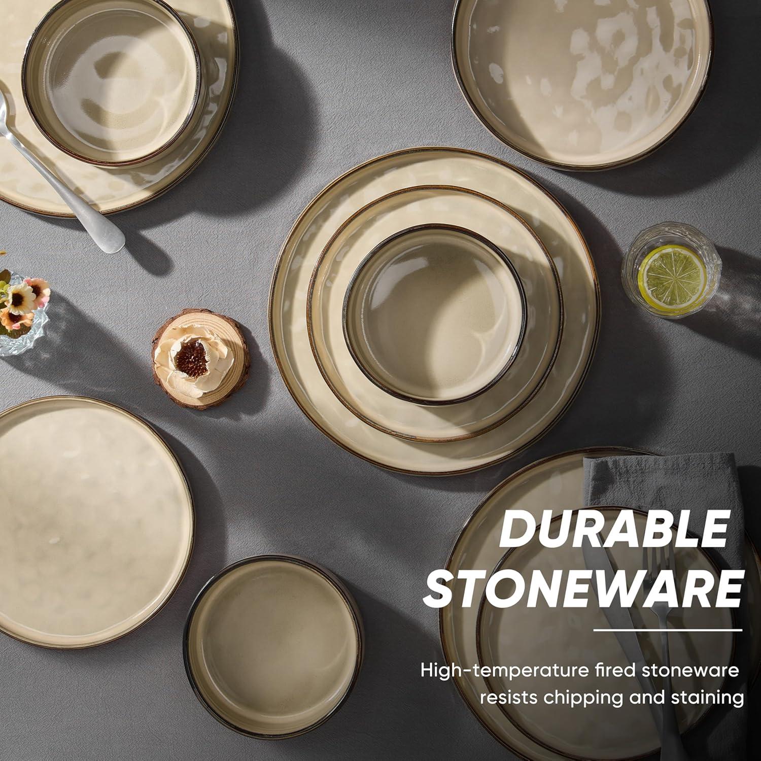 imageEfar 16Piece Plates and Bowls Sets with Pasta Bowls Stoneware Dinnerware Set for 4 Modern Ribbed Dishes Microwave amp Dishwasher Safe MulticolorSandy Khaki
