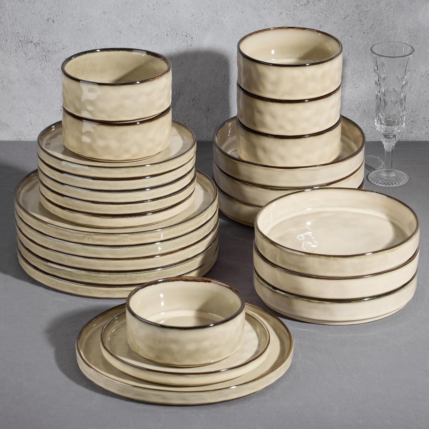 imageEfar 16Piece Plates and Bowls Sets with Pasta Bowls Stoneware Dinnerware Set for 4 Modern Ribbed Dishes Microwave amp Dishwasher Safe MulticolorSandy Khaki