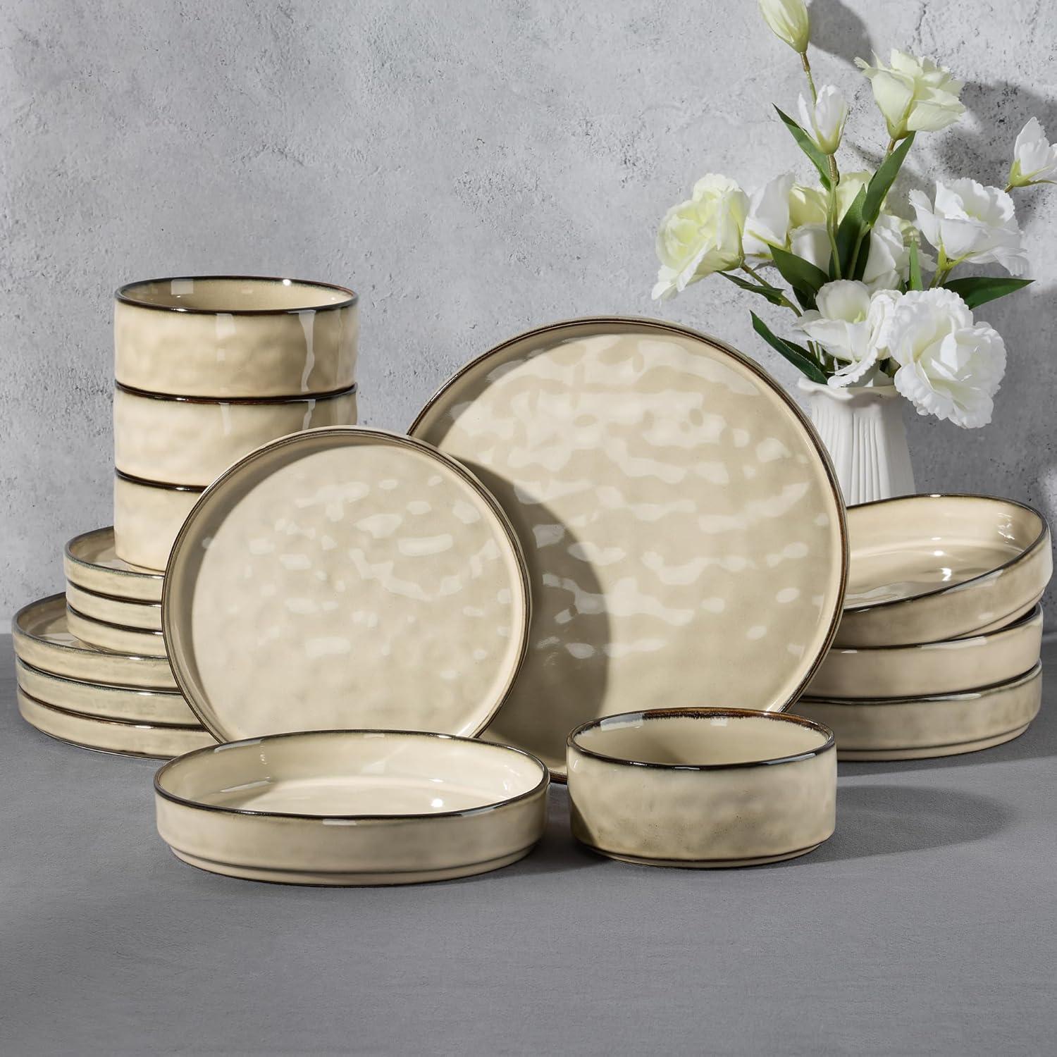 imageEfar 16Piece Plates and Bowls Sets with Pasta Bowls Stoneware Dinnerware Set for 4 Modern Ribbed Dishes Microwave amp Dishwasher Safe MulticolorSandy Khaki