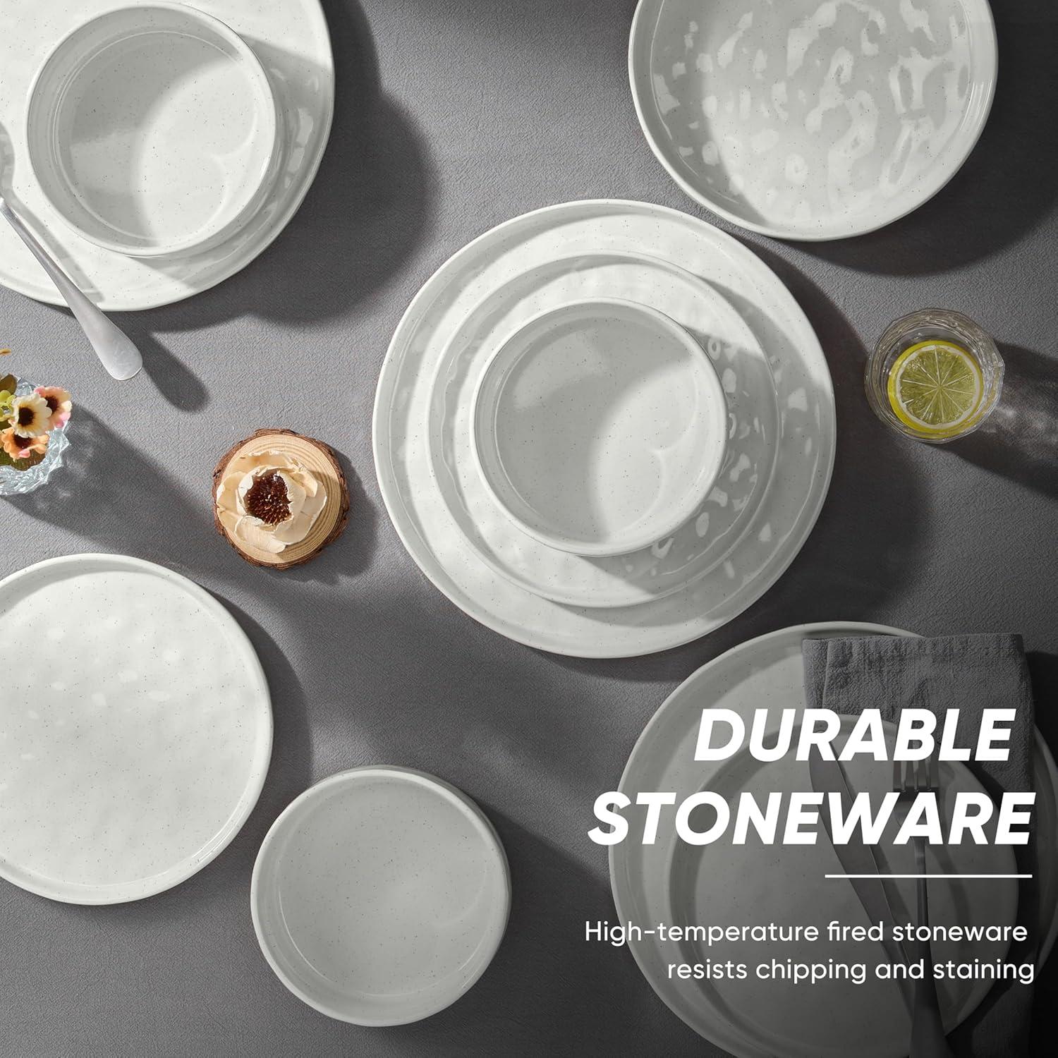 imageEfar 16Piece Plates and Bowls Sets with Pasta Bowls Stoneware Dinnerware Set for 4 Modern Ribbed Dishes Microwave amp Dishwasher Safe MulticolorSpeckled White