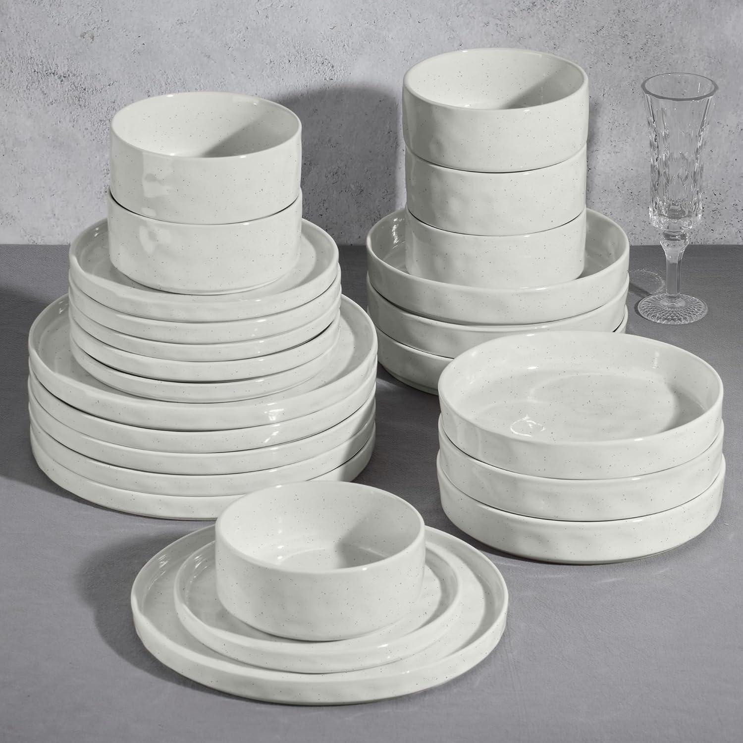 imageEfar 16Piece Plates and Bowls Sets with Pasta Bowls Stoneware Dinnerware Set for 4 Modern Ribbed Dishes Microwave amp Dishwasher Safe MulticolorSpeckled White