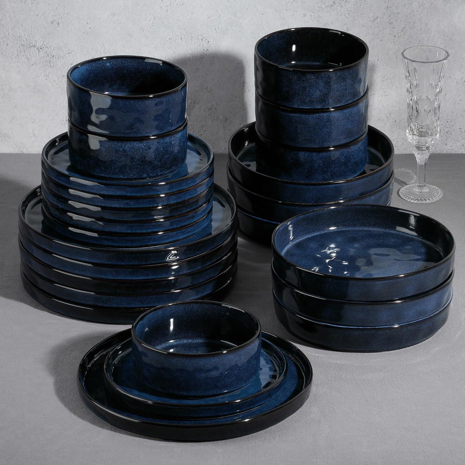 imageEfar 16Piece Plates and Bowls Sets with Pasta Bowls Stoneware Dinnerware Set for 4 Modern Ribbed Dishes Microwave amp Dishwasher Safe MulticolorStarry Blue