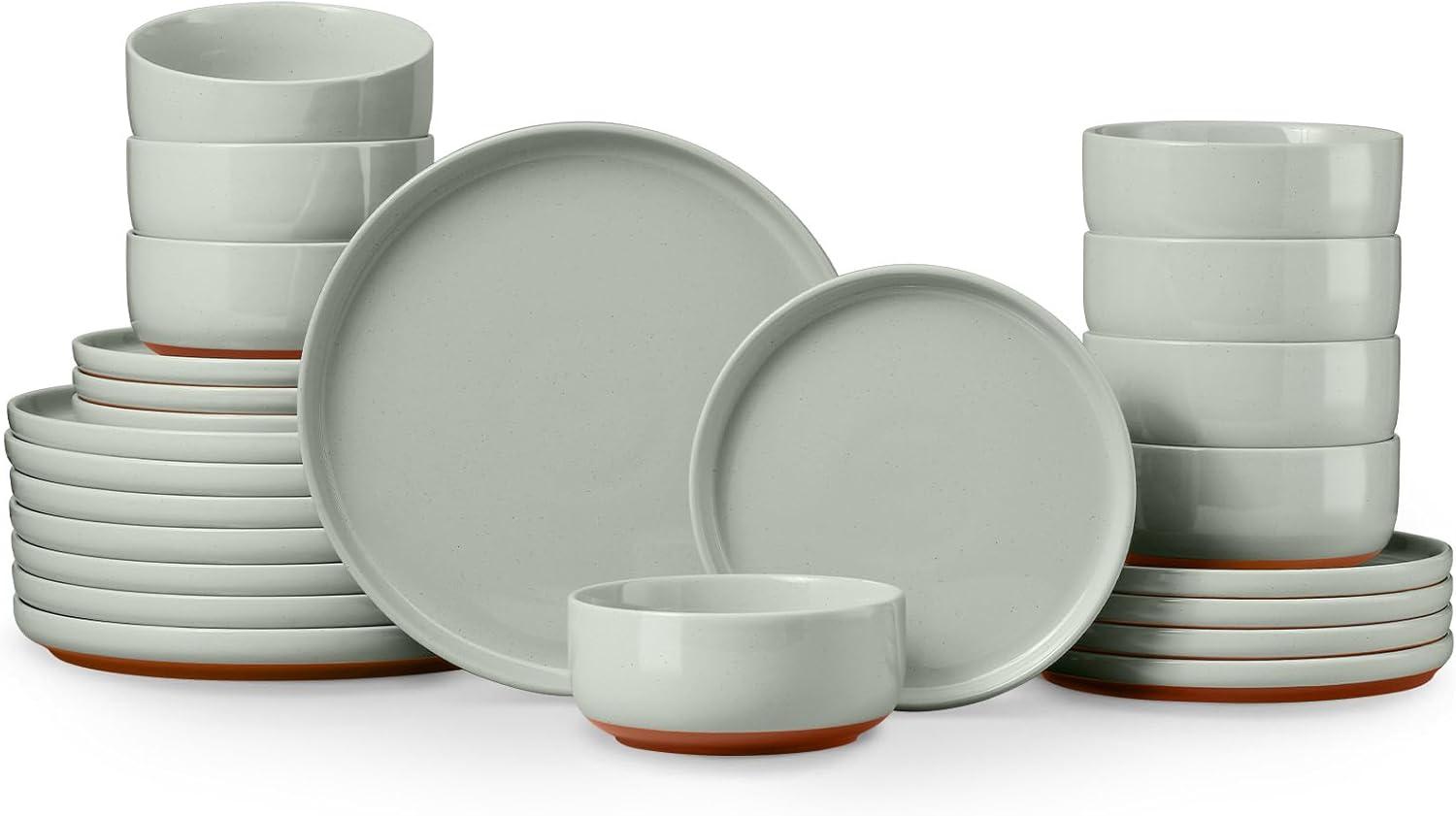 imageEfar 18Piece Stoneware Dinnerware Sets Plates and Bowls Sets for 6 Ceramic Dishware Dishes Set with Terracotta Base Chip amp Scratch Resistant Microwave amp Dishwasher Safe Speckled WhiteSage Green