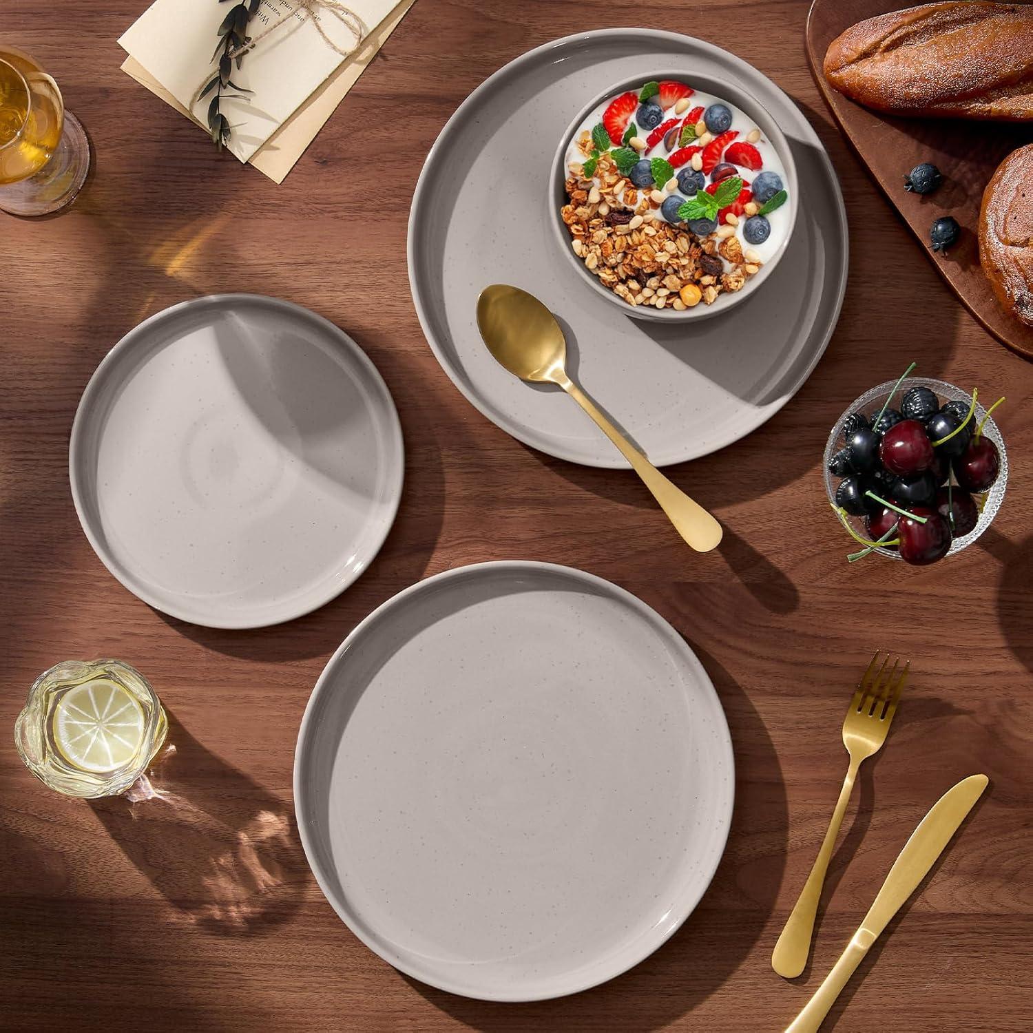 imageEfar 18Piece Stoneware Dinnerware Sets Plates and Bowls Sets for 6 Ceramic Dishware Dishes Set with Terracotta Base Chip amp Scratch Resistant Microwave amp Dishwasher Safe Speckled WhiteWarm Taupe