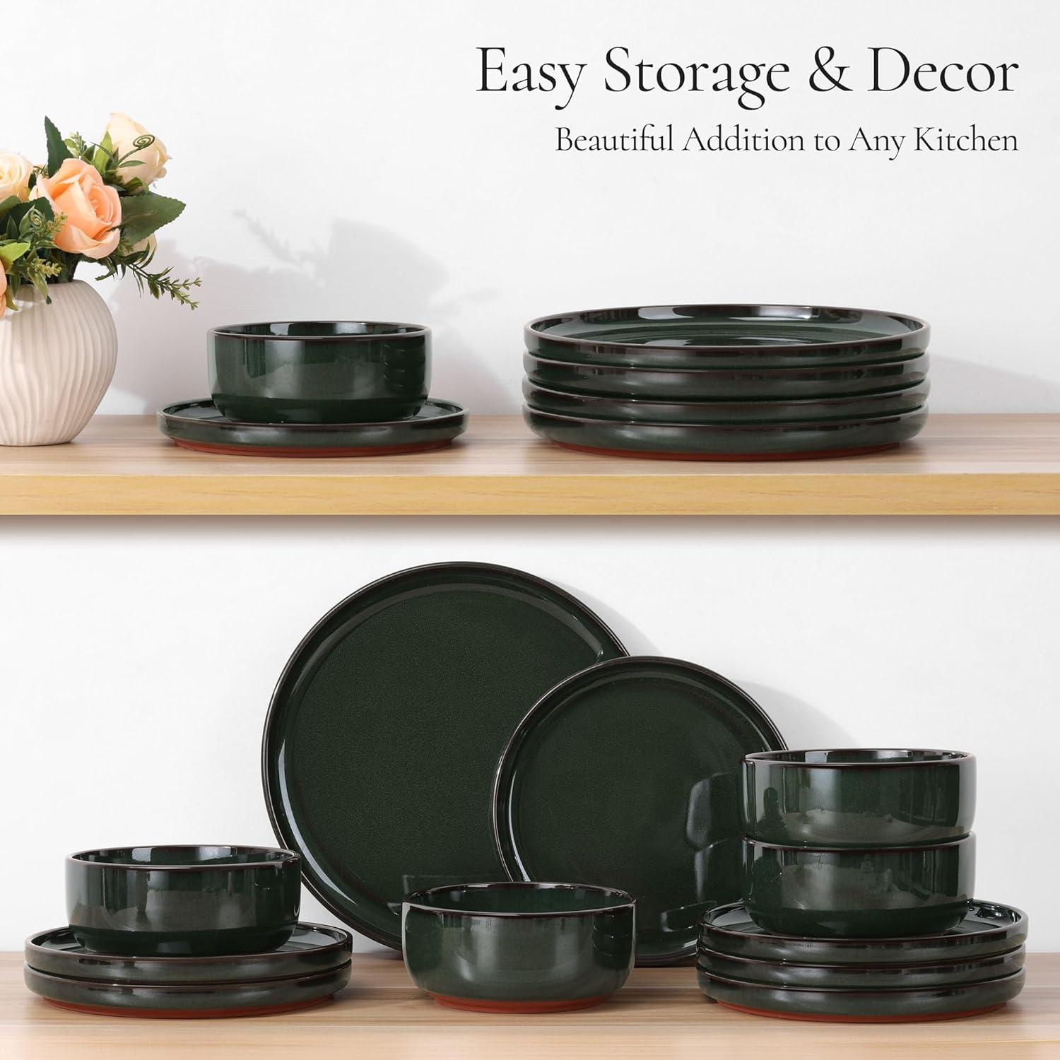 imageEfar 18Piece Stoneware Dinnerware Sets Plates and Bowls Sets for 6 Ceramic Dishware Dishes Set with Terracotta Base Chip amp Scratch Resistant Microwave amp Dishwasher Safe Speckled WhiteBlackish Green
