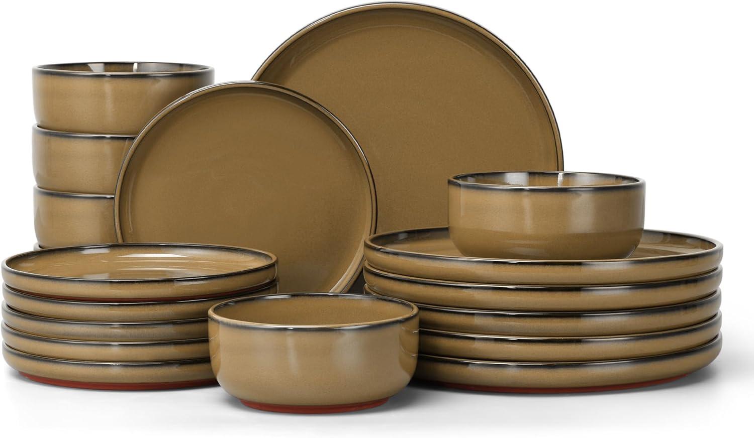 imageEfar 18Piece Stoneware Dinnerware Sets Plates and Bowls Sets for 6 Ceramic Dishware Dishes Set with Terracotta Base Chip amp Scratch Resistant Microwave amp Dishwasher Safe Speckled WhiteDesert Camel