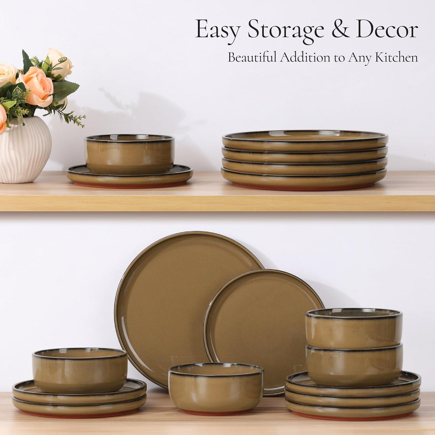 imageEfar 18Piece Stoneware Dinnerware Sets Plates and Bowls Sets for 6 Ceramic Dishware Dishes Set with Terracotta Base Chip amp Scratch Resistant Microwave amp Dishwasher Safe Speckled WhiteDesert Camel