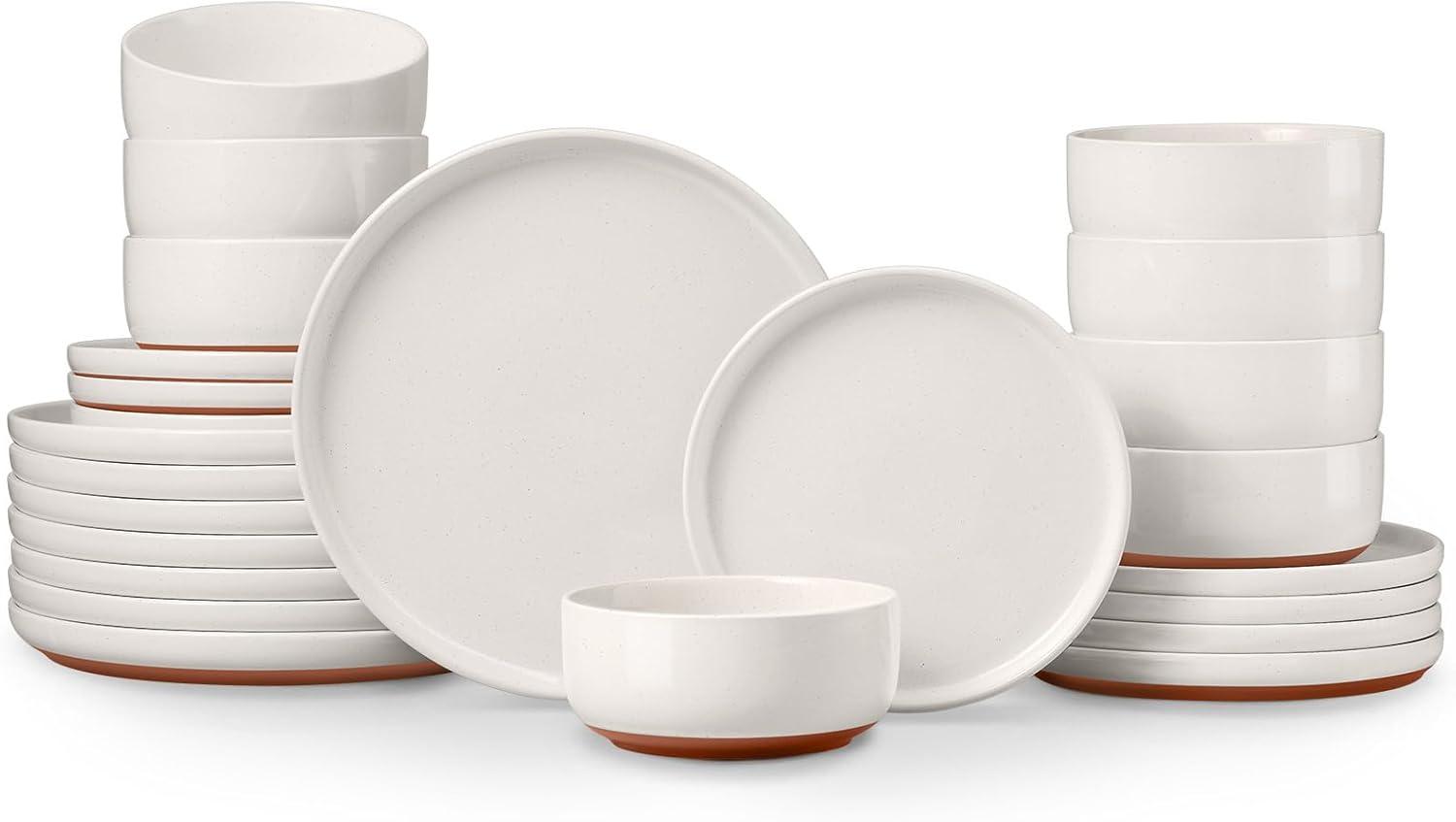 imageEfar 18Piece Stoneware Dinnerware Sets Plates and Bowls Sets for 6 Ceramic Dishware Dishes Set with Terracotta Base Chip amp Scratch Resistant Microwave amp Dishwasher Safe Speckled WhiteWhisper White