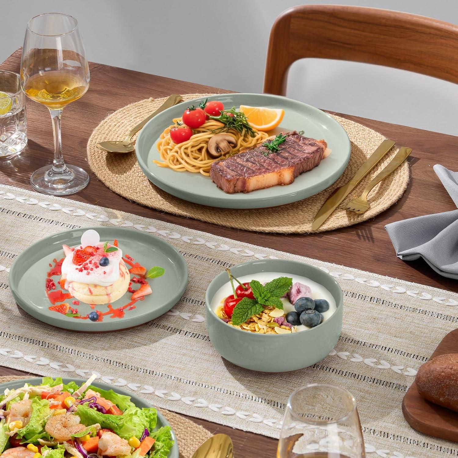 imageEfar 18Piece Stoneware Dinnerware Sets Plates and Bowls Sets for 6 Ceramic Dishware Dishes Set with Terracotta Base Chip amp Scratch Resistant Microwave amp Dishwasher Safe Speckled WhiteSage Green