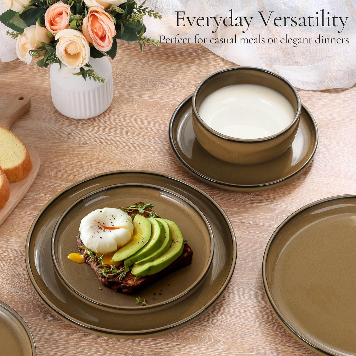 imageEfar 18Piece Stoneware Dinnerware Sets Plates and Bowls Sets for 6 Ceramic Dishware Dishes Set with Terracotta Base Chip amp Scratch Resistant Microwave amp Dishwasher Safe Speckled WhiteDesert Camel