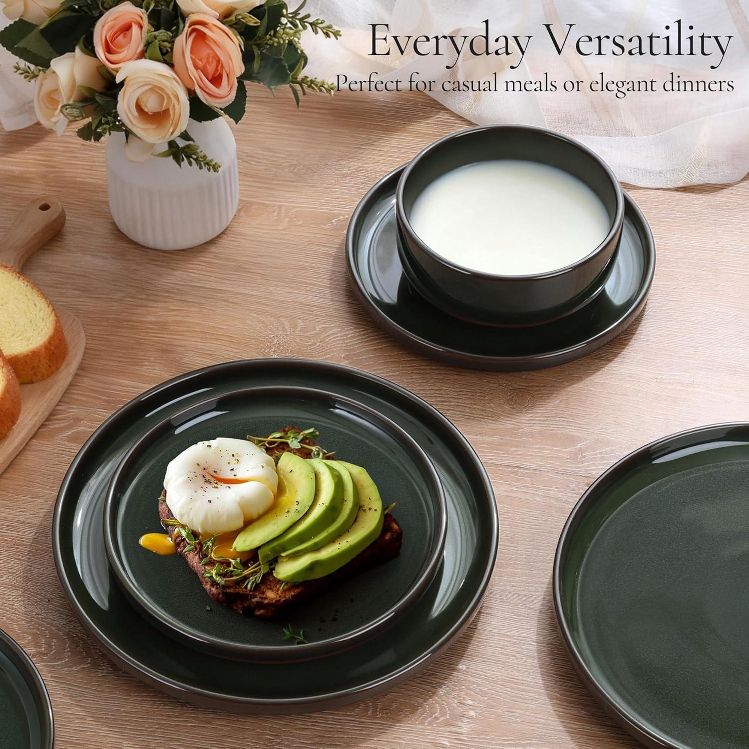 imageEfar 18Piece Stoneware Dinnerware Sets Plates and Bowls Sets for 6 Ceramic Dishware Dishes Set with Terracotta Base Chip amp Scratch Resistant Microwave amp Dishwasher Safe Speckled WhiteBlackish Green