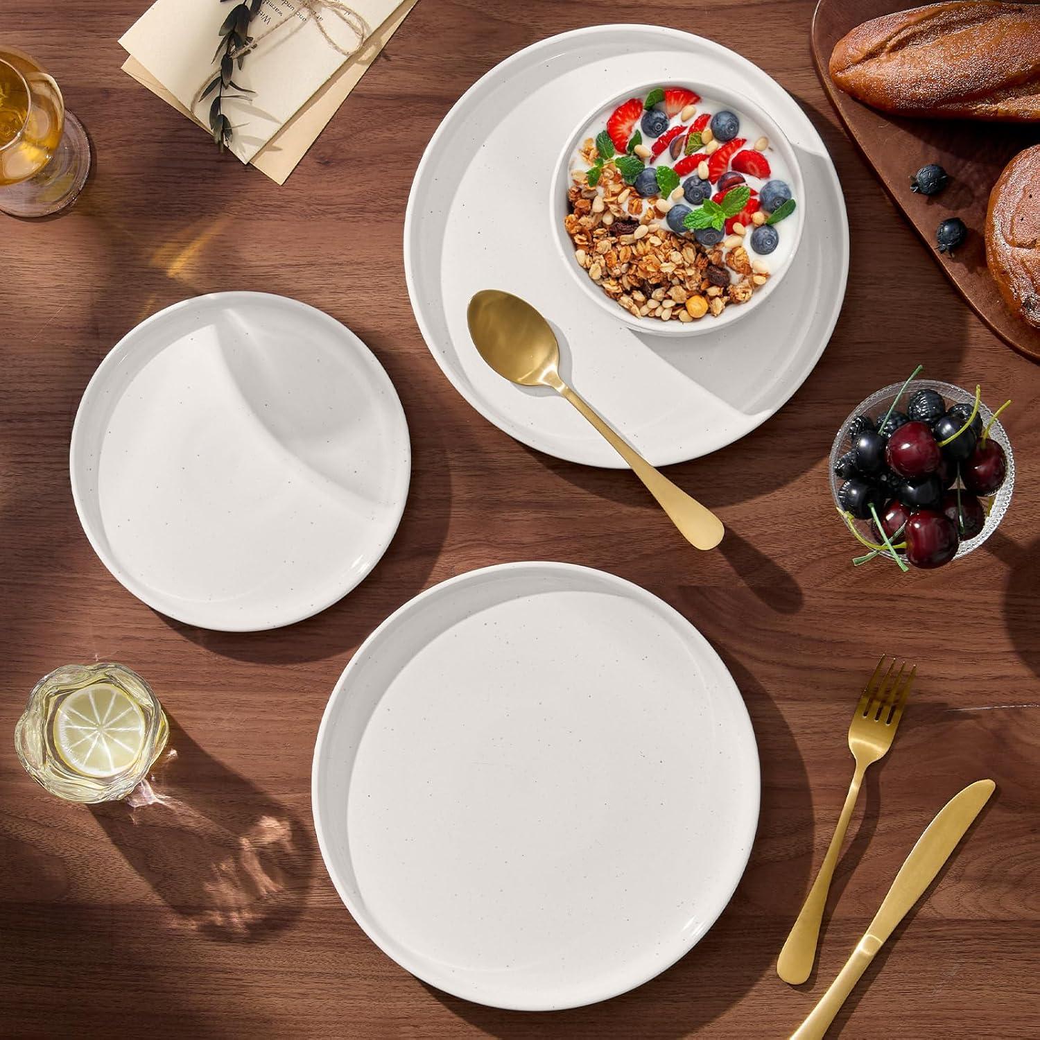 imageEfar 18Piece Stoneware Dinnerware Sets Plates and Bowls Sets for 6 Ceramic Dishware Dishes Set with Terracotta Base Chip amp Scratch Resistant Microwave amp Dishwasher Safe Speckled WhiteWhisper White