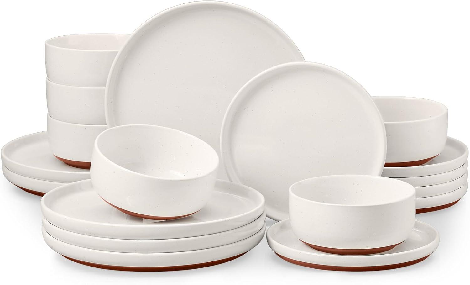 imageEfar 18Piece Stoneware Dinnerware Sets Plates and Bowls Sets for 6 Ceramic Dishware Dishes Set with Terracotta Base Chip amp Scratch Resistant Microwave amp Dishwasher Safe Speckled WhiteWhisper White