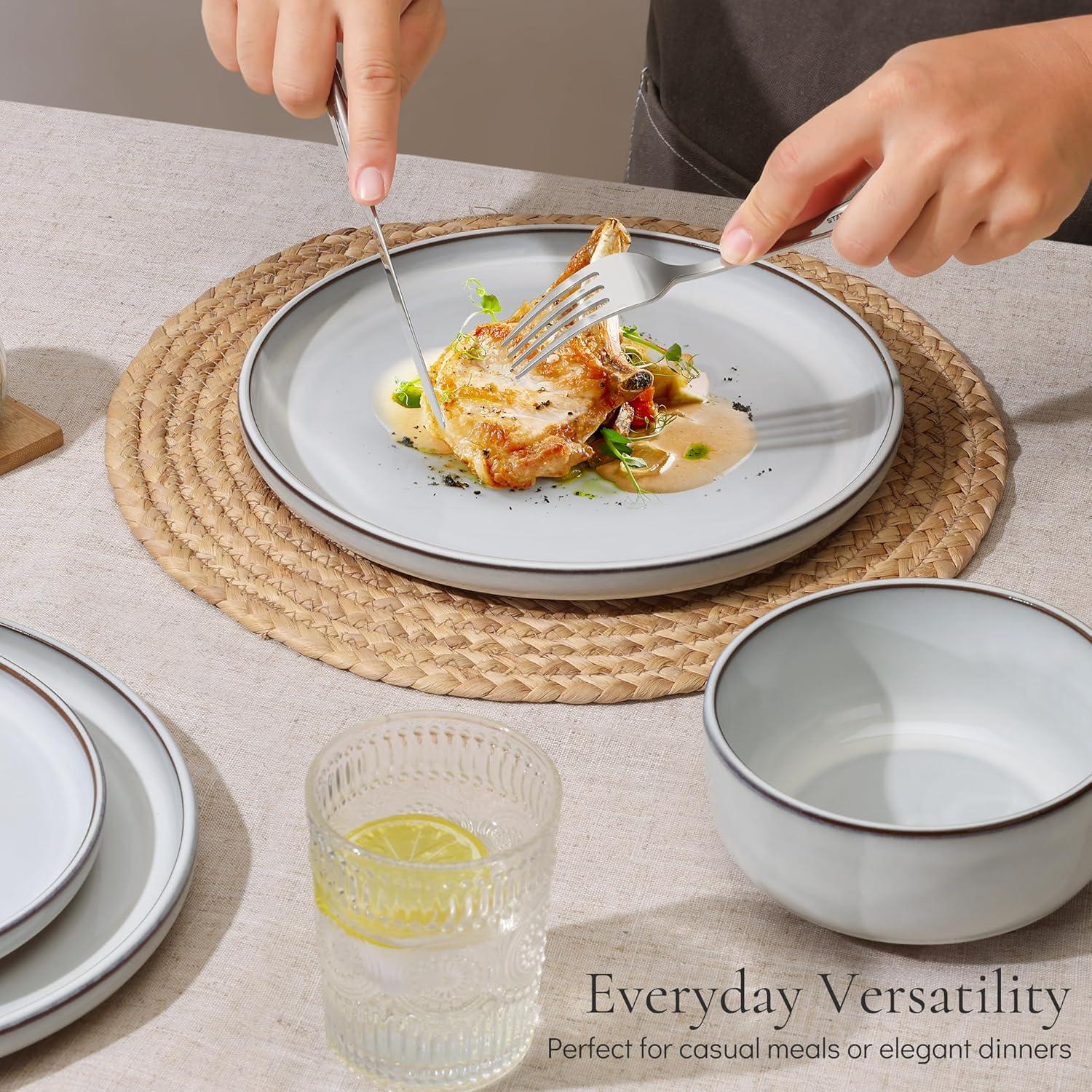 imageEfar 18Piece Stoneware Dinnerware Sets Plates and Bowls Sets for 6 Ceramic Dishware Dishes Set with Terracotta Base Chip amp Scratch Resistant Microwave amp Dishwasher Safe Speckled WhiteGlacier White