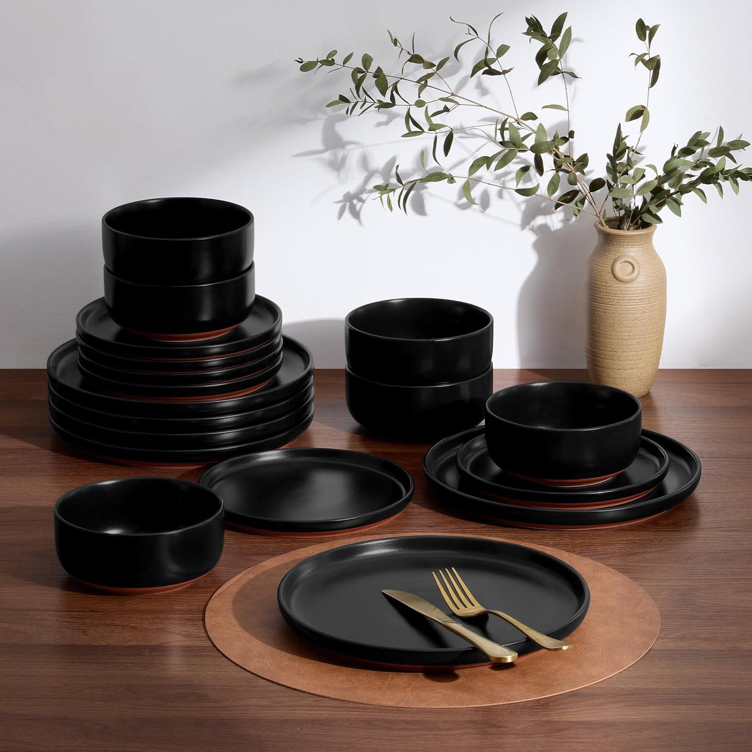 imageEfar 18Piece Stoneware Dinnerware Sets Plates and Bowls Sets for 6 Ceramic Dishware Dishes Set with Terracotta Base Chip amp Scratch Resistant Microwave amp Dishwasher Safe Speckled WhiteMatte Black