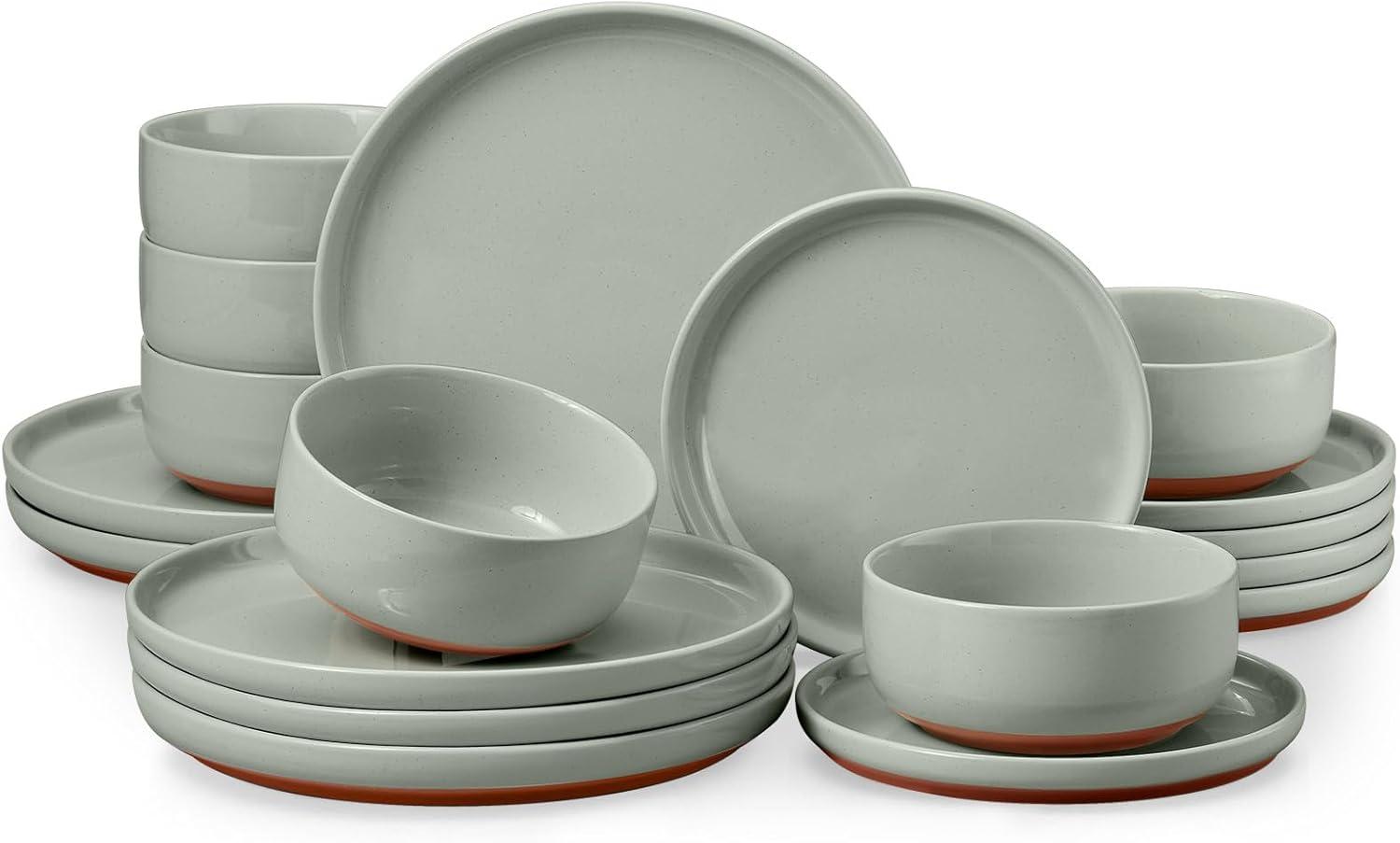 imageEfar 18Piece Stoneware Dinnerware Sets Plates and Bowls Sets for 6 Ceramic Dishware Dishes Set with Terracotta Base Chip amp Scratch Resistant Microwave amp Dishwasher Safe Speckled WhiteSage Green