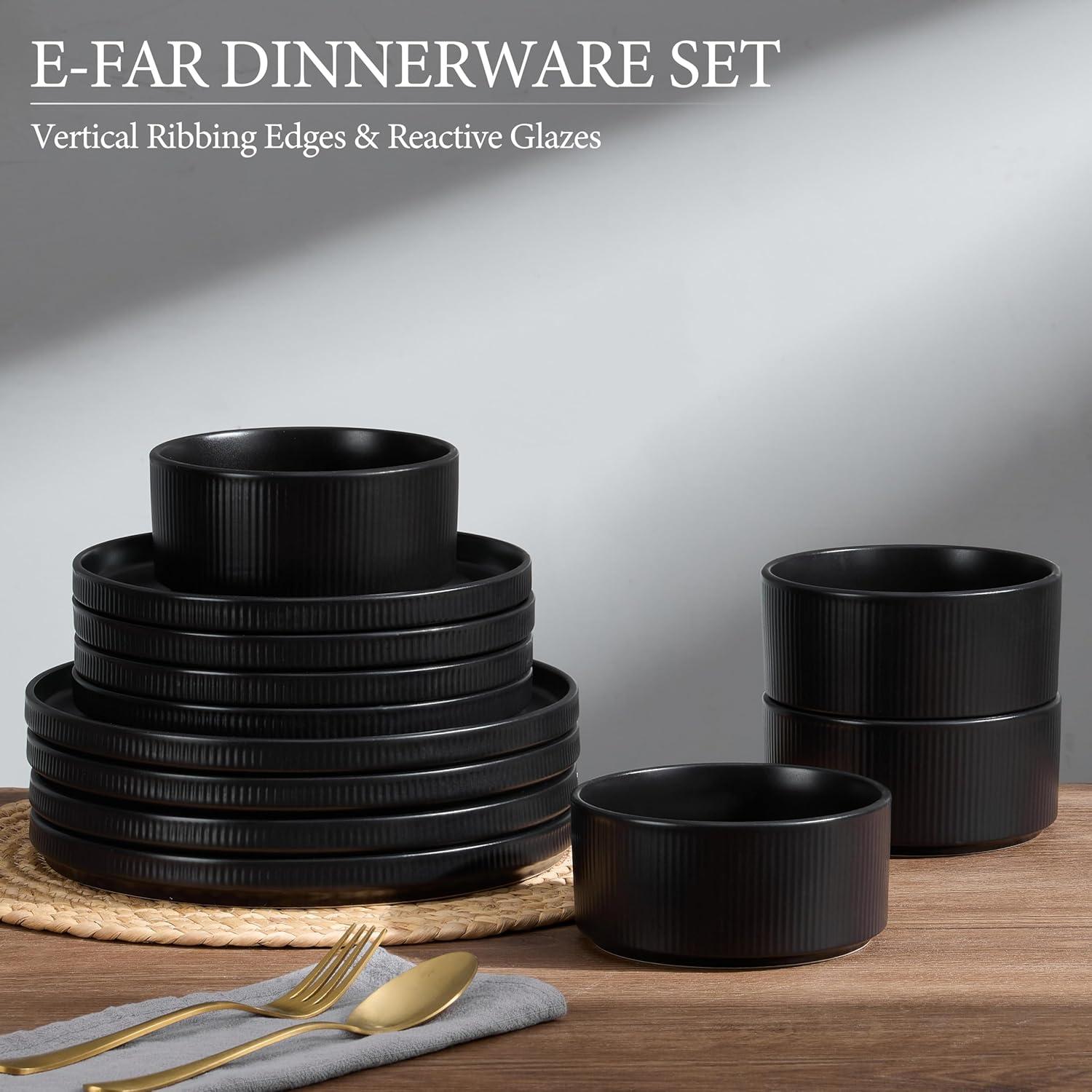 imageEfar Stoneware Dinnerware Sets for 2 6Piece Plates and Bowls Sets Chip amp Scratch Resistant Ribbed Dish Set for Home Restaurant Microwave amp Dishwasher Safe Midnight BlueMatte Black