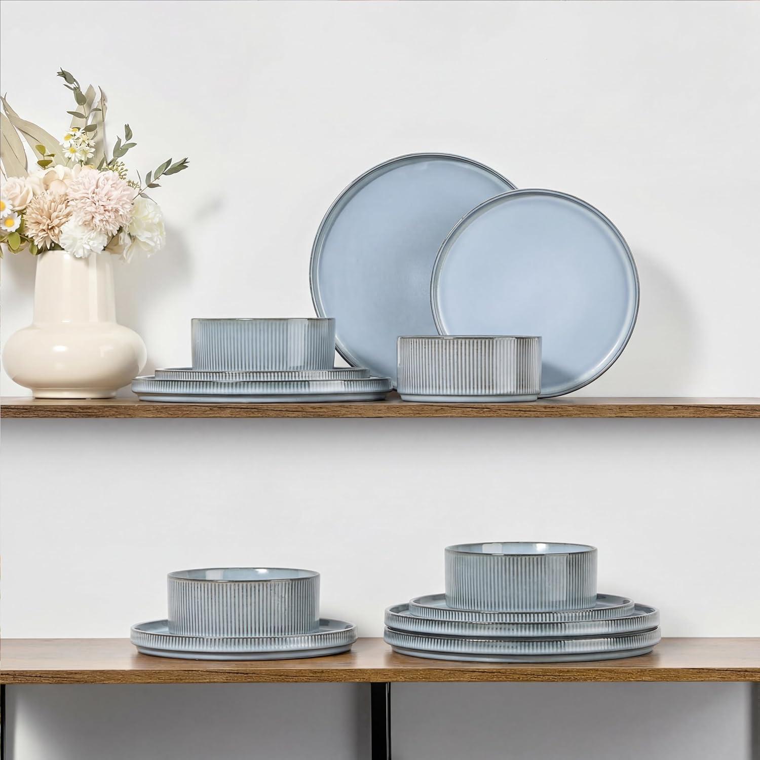 imageEfar Stoneware Dinnerware Sets for 2 6Piece Plates and Bowls Sets Chip amp Scratch Resistant Ribbed Dish Set for Home Restaurant Microwave amp Dishwasher Safe Midnight BlueDusty Blue