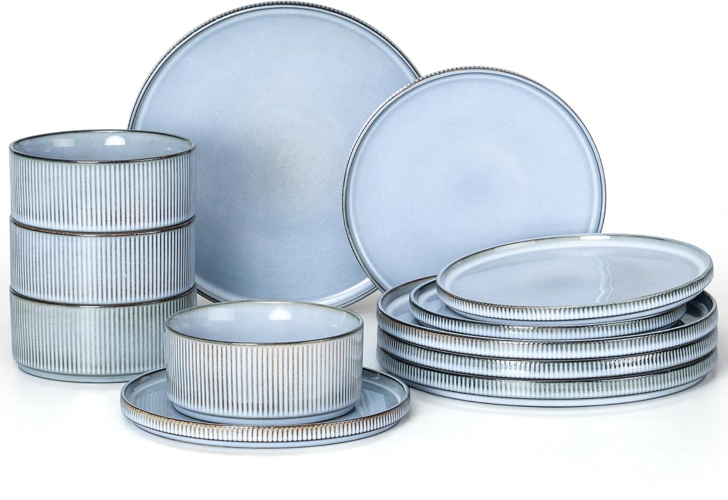 imageEfar Stoneware Dinnerware Sets for 2 6Piece Plates and Bowls Sets Chip amp Scratch Resistant Ribbed Dish Set for Home Restaurant Microwave amp Dishwasher Safe Dusty BlueDusty Blue