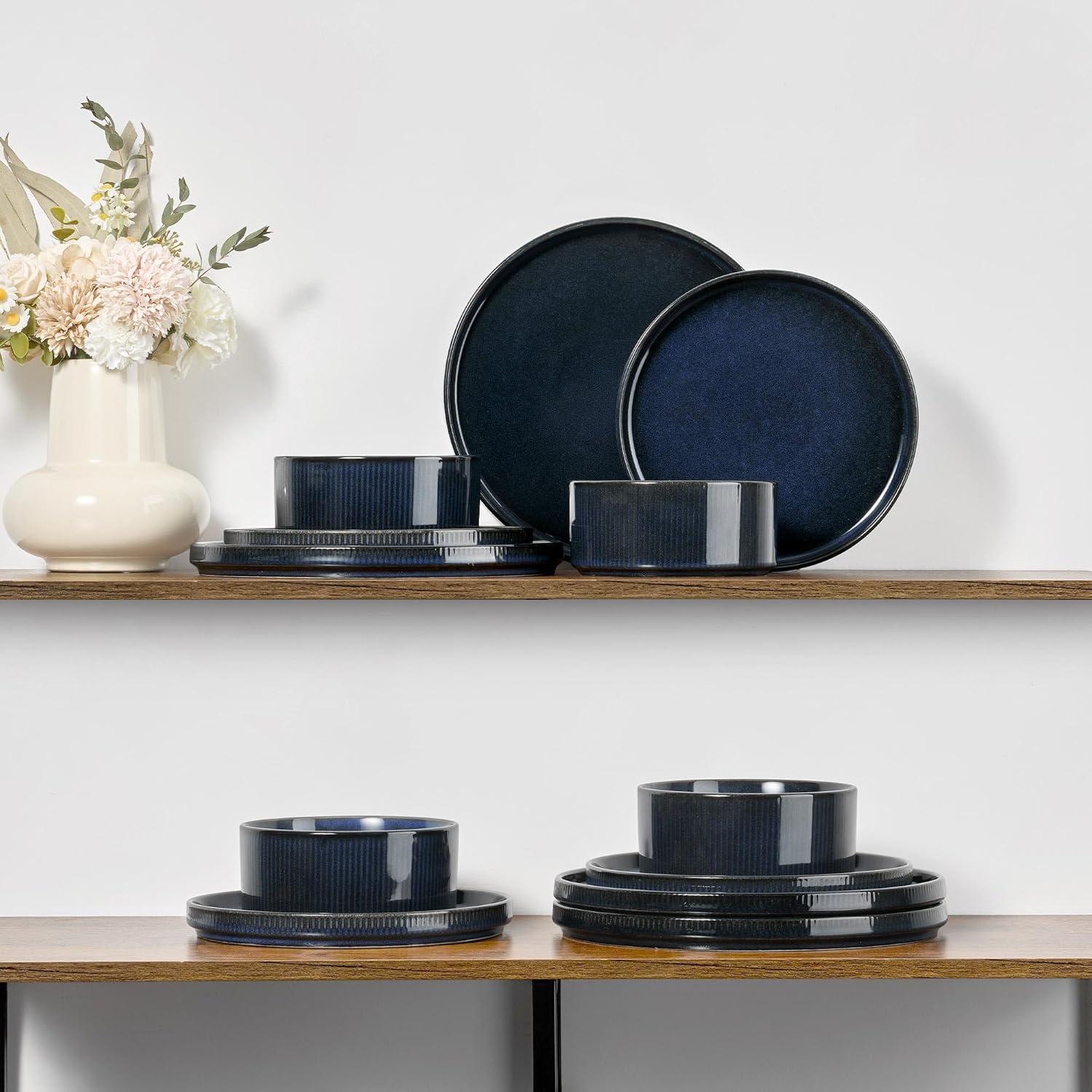 imageEfar Stoneware Dinnerware Sets for 2 6Piece Plates and Bowls Sets Chip amp Scratch Resistant Ribbed Dish Set for Home Restaurant Microwave amp Dishwasher Safe Midnight BlueMidnight Blue
