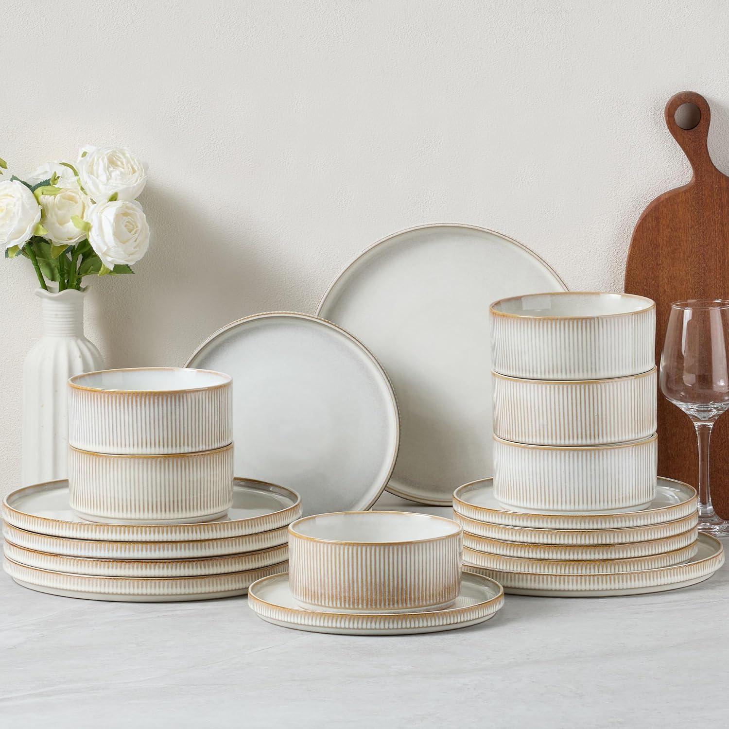 imageEfar Stoneware Dinnerware Sets for 2 6Piece Plates and Bowls Sets Chip amp Scratch Resistant Ribbed Dish Set for Home Restaurant Microwave amp Dishwasher Safe Dusty BlueCreamy Beige