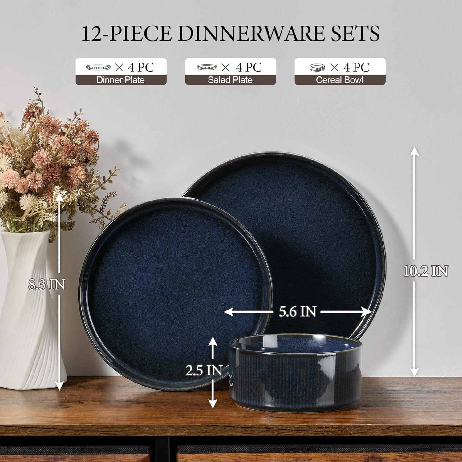 imageEfar Stoneware Dinnerware Sets for 2 6Piece Plates and Bowls Sets Chip amp Scratch Resistant Ribbed Dish Set for Home Restaurant Microwave amp Dishwasher Safe Dusty BlueMidnight Blue