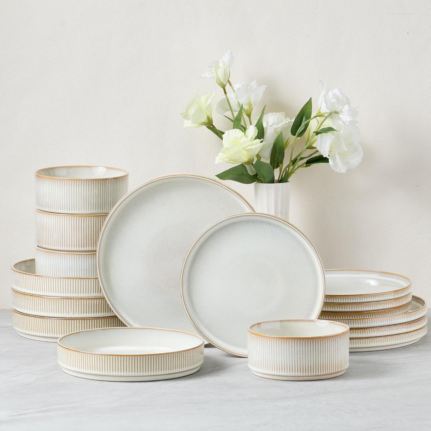 imageEfar Stoneware Dinnerware Sets for 2 6Piece Plates and Bowls Sets Chip amp Scratch Resistant Ribbed Dish Set for Home Restaurant Microwave amp Dishwasher Safe Dusty BlueCreamy Beige