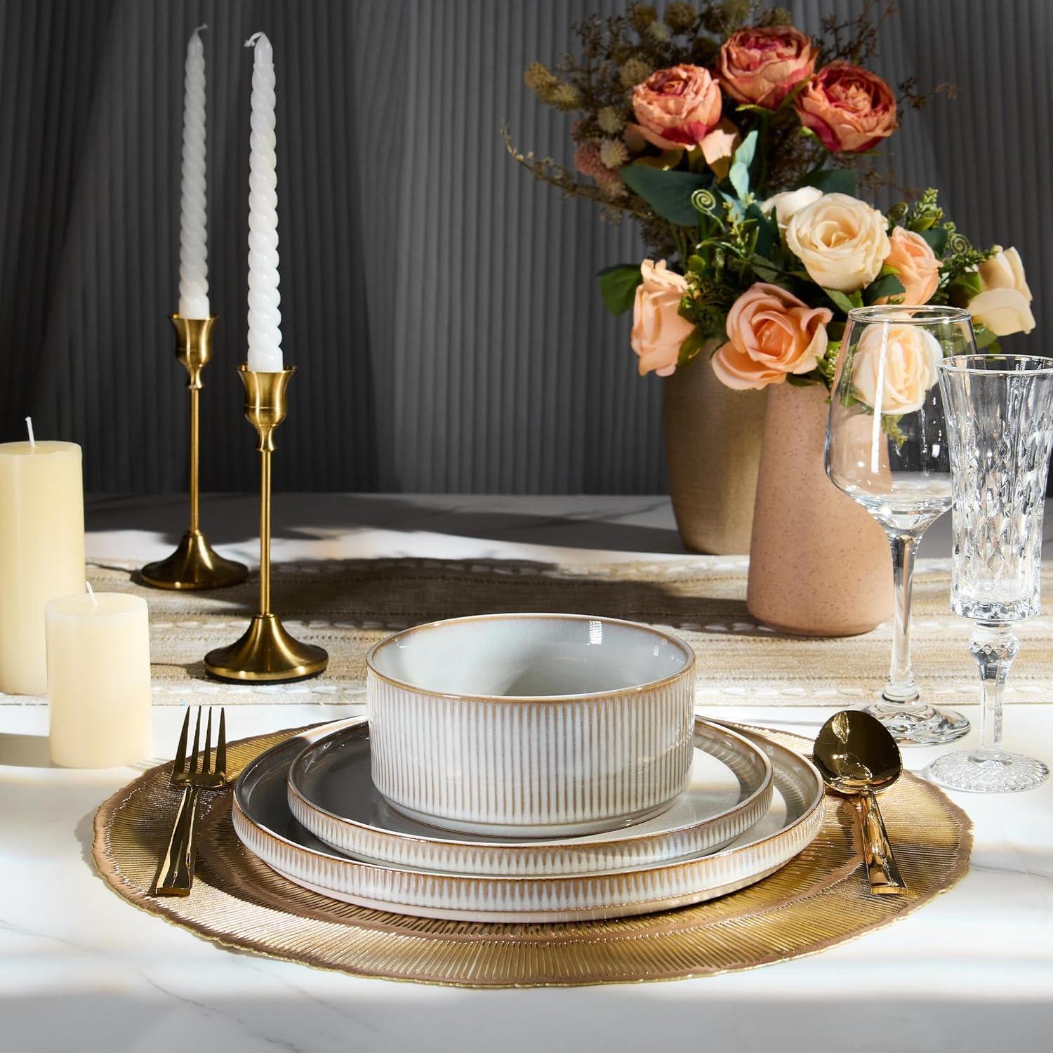 imageEfar Stoneware Dinnerware Sets for 2 6Piece Plates and Bowls Sets Chip amp Scratch Resistant Ribbed Dish Set for Home Restaurant Microwave amp Dishwasher Safe Dusty BlueCreamy Beige