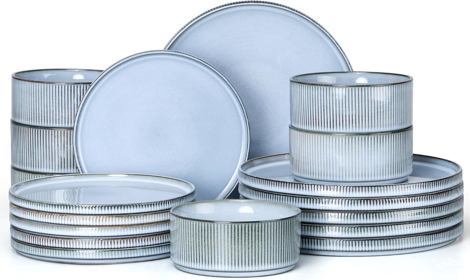 imageEfar Stoneware Dinnerware Sets for 2 6Piece Plates and Bowls Sets Chip amp Scratch Resistant Ribbed Dish Set for Home Restaurant Microwave amp Dishwasher Safe Midnight BlueDusty Blue