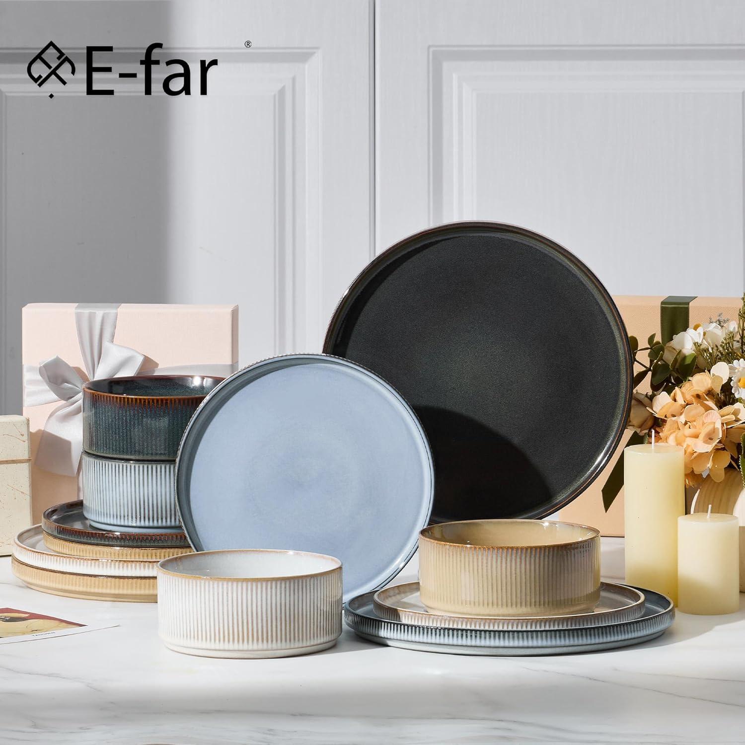 imageEfar Stoneware Dinnerware Sets for 2 6Piece Plates and Bowls Sets Chip amp Scratch Resistant Ribbed Dish Set for Home Restaurant Microwave amp Dishwasher Safe Dusty BlueMulticolor