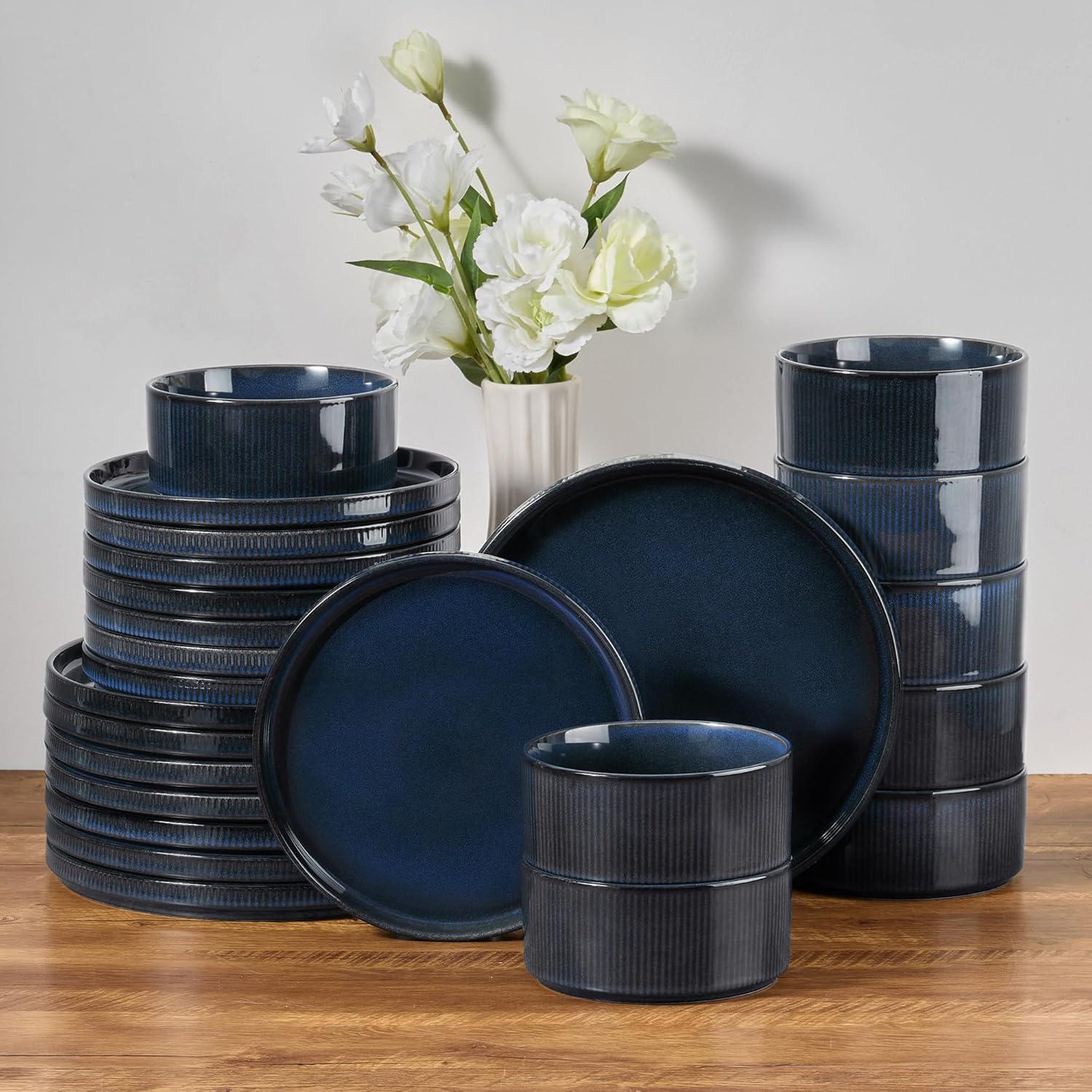 imageEfar Stoneware Dinnerware Sets for 2 6Piece Plates and Bowls Sets Chip amp Scratch Resistant Ribbed Dish Set for Home Restaurant Microwave amp Dishwasher Safe Midnight BlueMidnight Blue