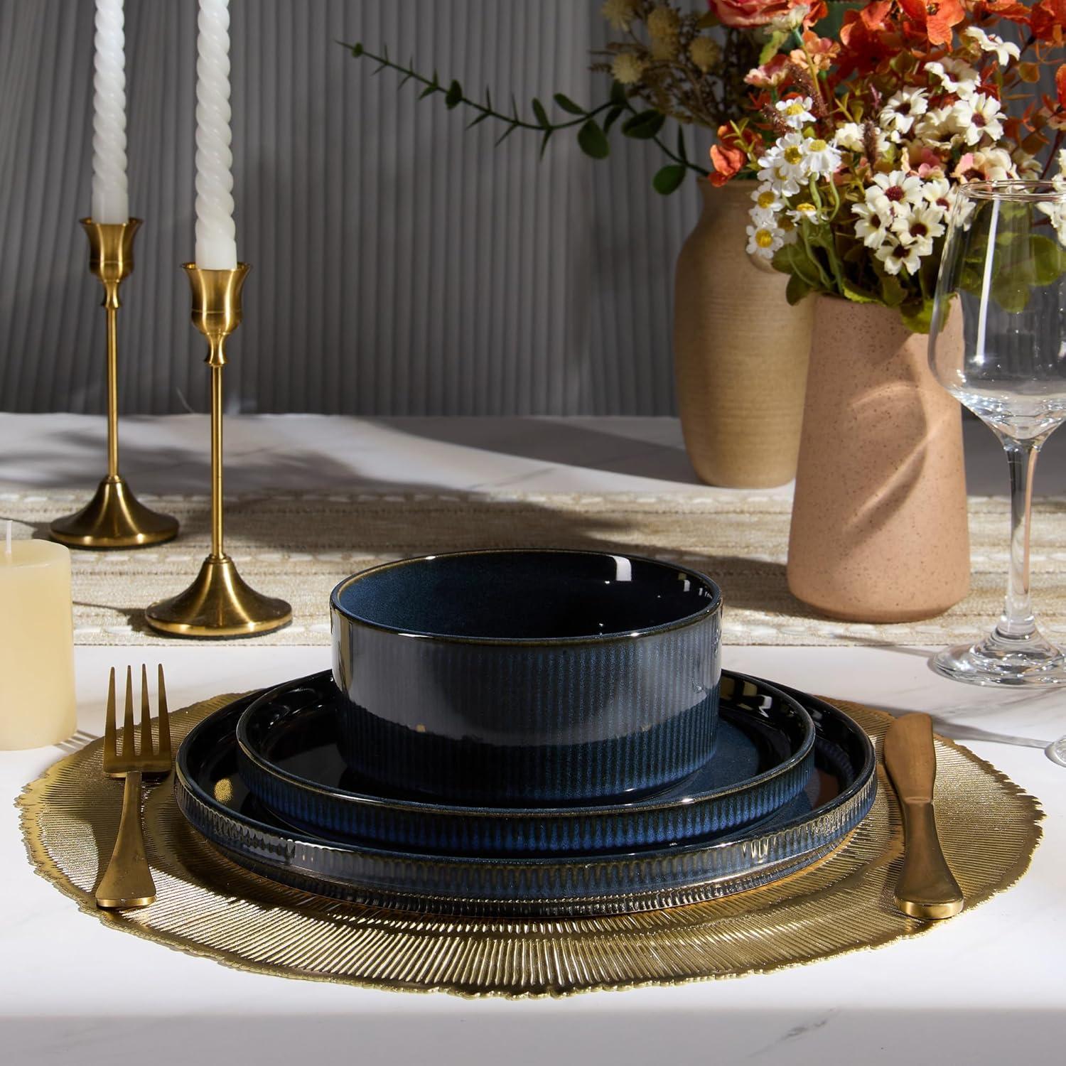 imageEfar Stoneware Dinnerware Sets for 2 6Piece Plates and Bowls Sets Chip amp Scratch Resistant Ribbed Dish Set for Home Restaurant Microwave amp Dishwasher Safe Midnight BlueMidnight Blue