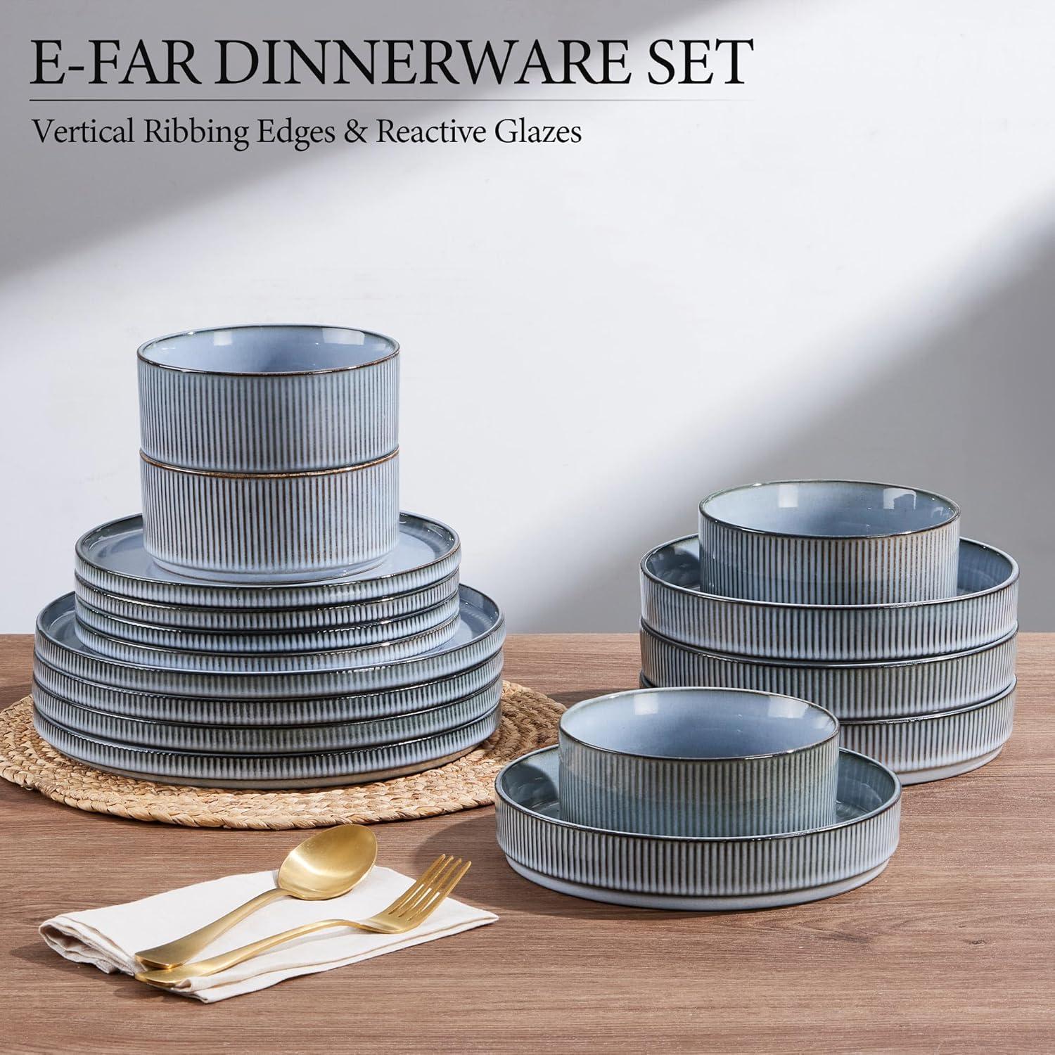 imageEfar Stoneware Dinnerware Sets for 2 6Piece Plates and Bowls Sets Chip amp Scratch Resistant Ribbed Dish Set for Home Restaurant Microwave amp Dishwasher Safe Midnight BlueDusty Blue