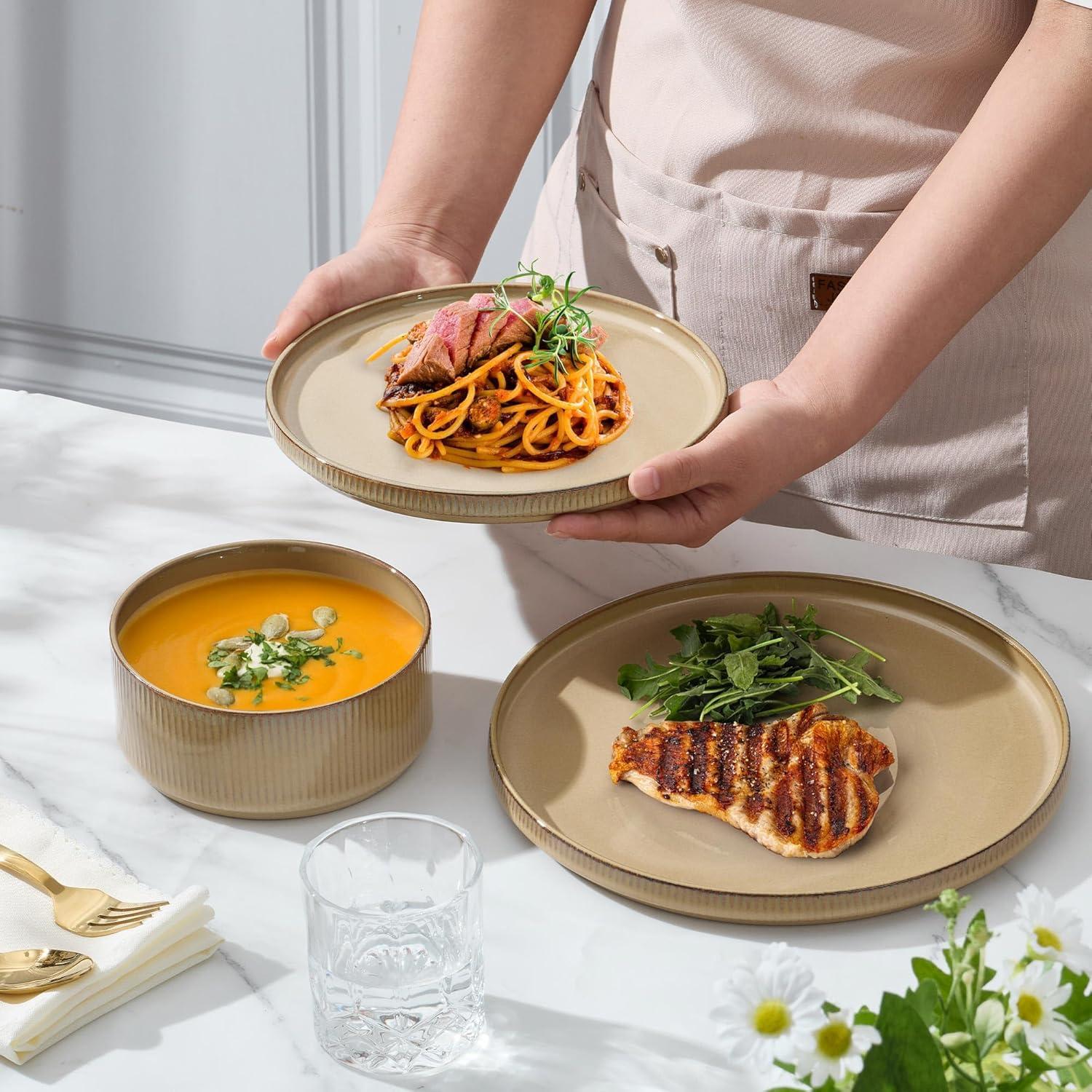 imageEfar Stoneware Dinnerware Sets for 2 6Piece Plates and Bowls Sets Chip amp Scratch Resistant Ribbed Dish Set for Home Restaurant Microwave amp Dishwasher Safe Dusty BlueCaramel Khaki