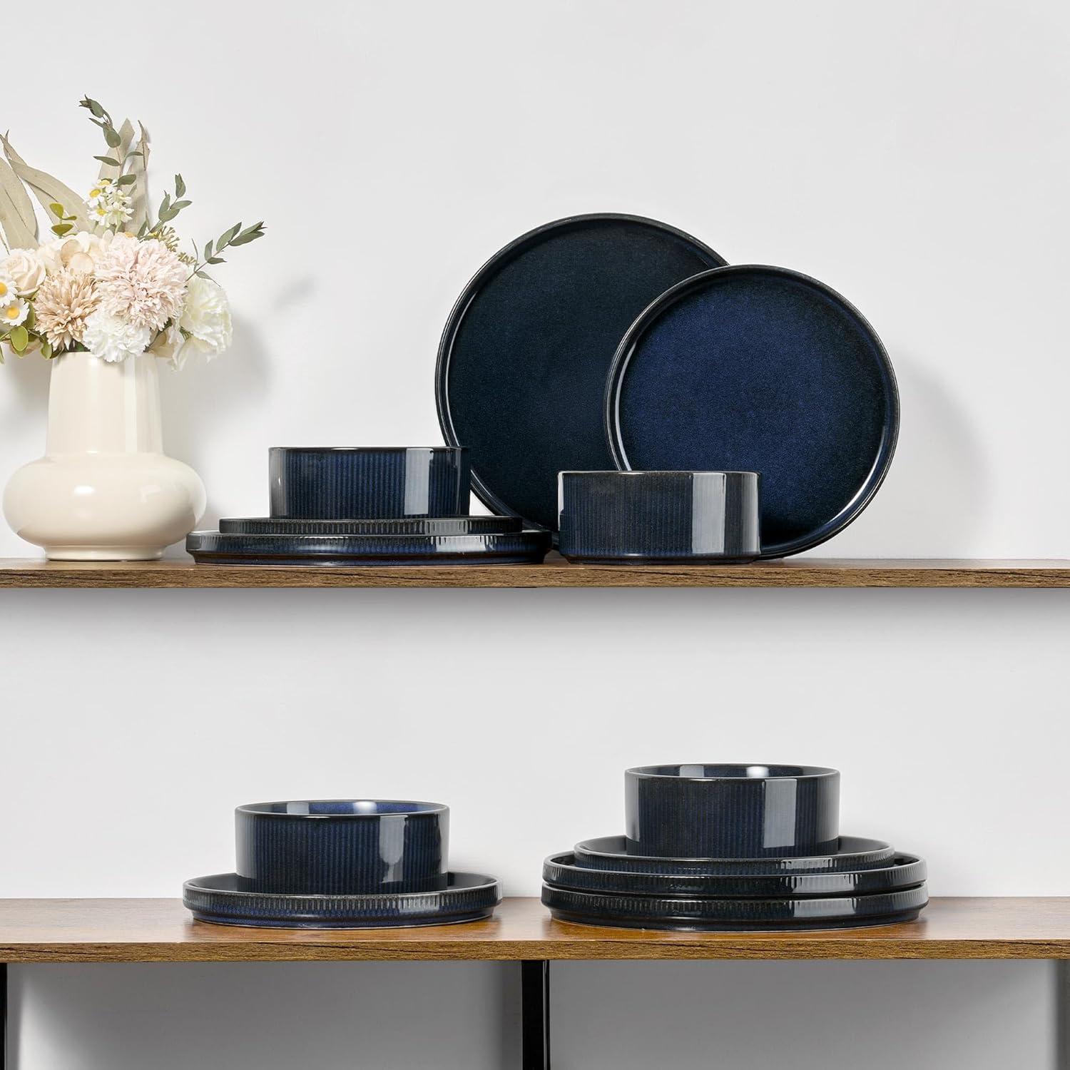 imageEfar Stoneware Dinnerware Sets for 2 6Piece Plates and Bowls Sets Chip amp Scratch Resistant Ribbed Dish Set for Home Restaurant Microwave amp Dishwasher Safe Dusty BlueMidnight Blue