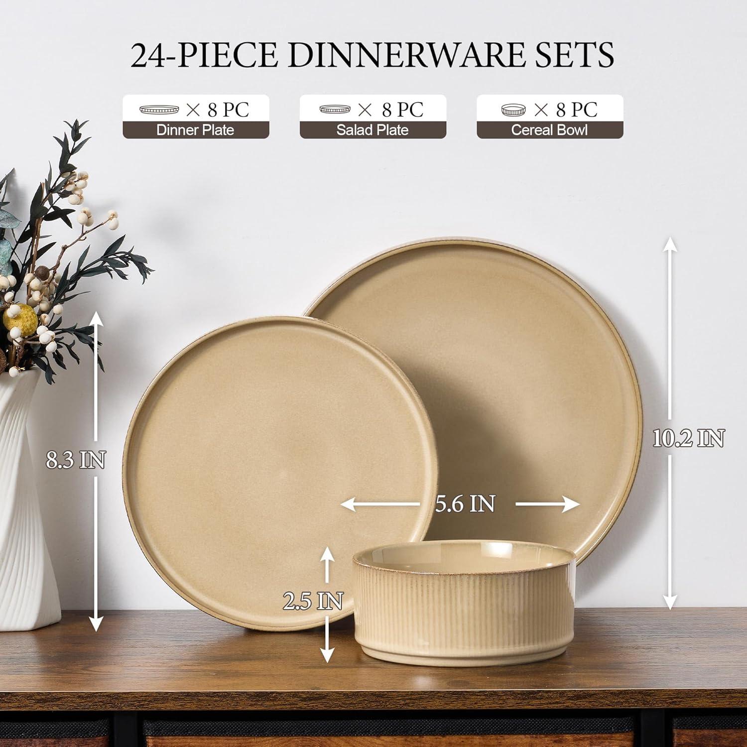 imageEfar Stoneware Dinnerware Sets for 2 6Piece Plates and Bowls Sets Chip amp Scratch Resistant Ribbed Dish Set for Home Restaurant Microwave amp Dishwasher Safe Dusty BlueCaramel Khaki