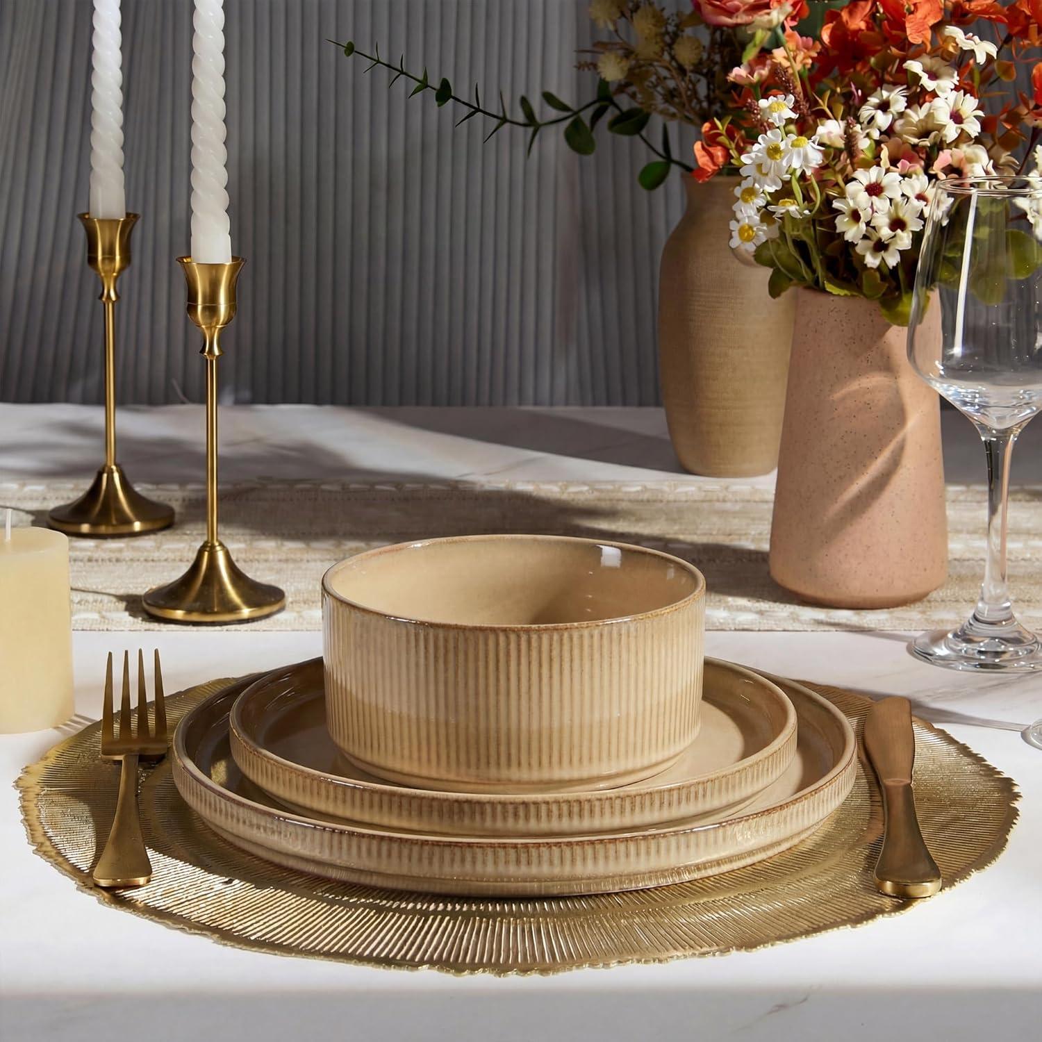 imageEfar Stoneware Dinnerware Sets for 2 6Piece Plates and Bowls Sets Chip amp Scratch Resistant Ribbed Dish Set for Home Restaurant Microwave amp Dishwasher Safe Dusty BlueCaramel Khaki