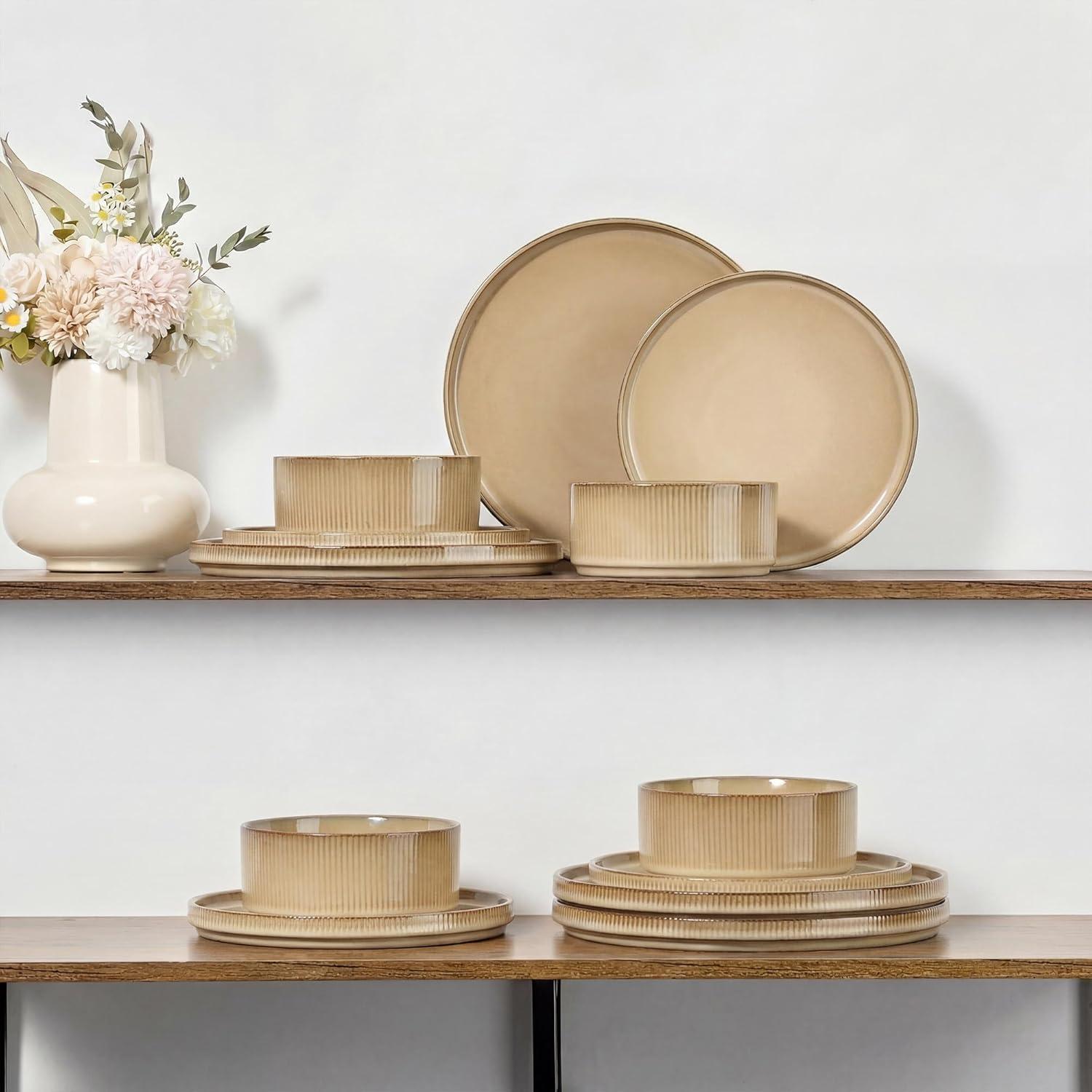 imageEfar Stoneware Dinnerware Sets for 2 6Piece Plates and Bowls Sets Chip amp Scratch Resistant Ribbed Dish Set for Home Restaurant Microwave amp Dishwasher Safe Dusty BlueCaramel Khaki