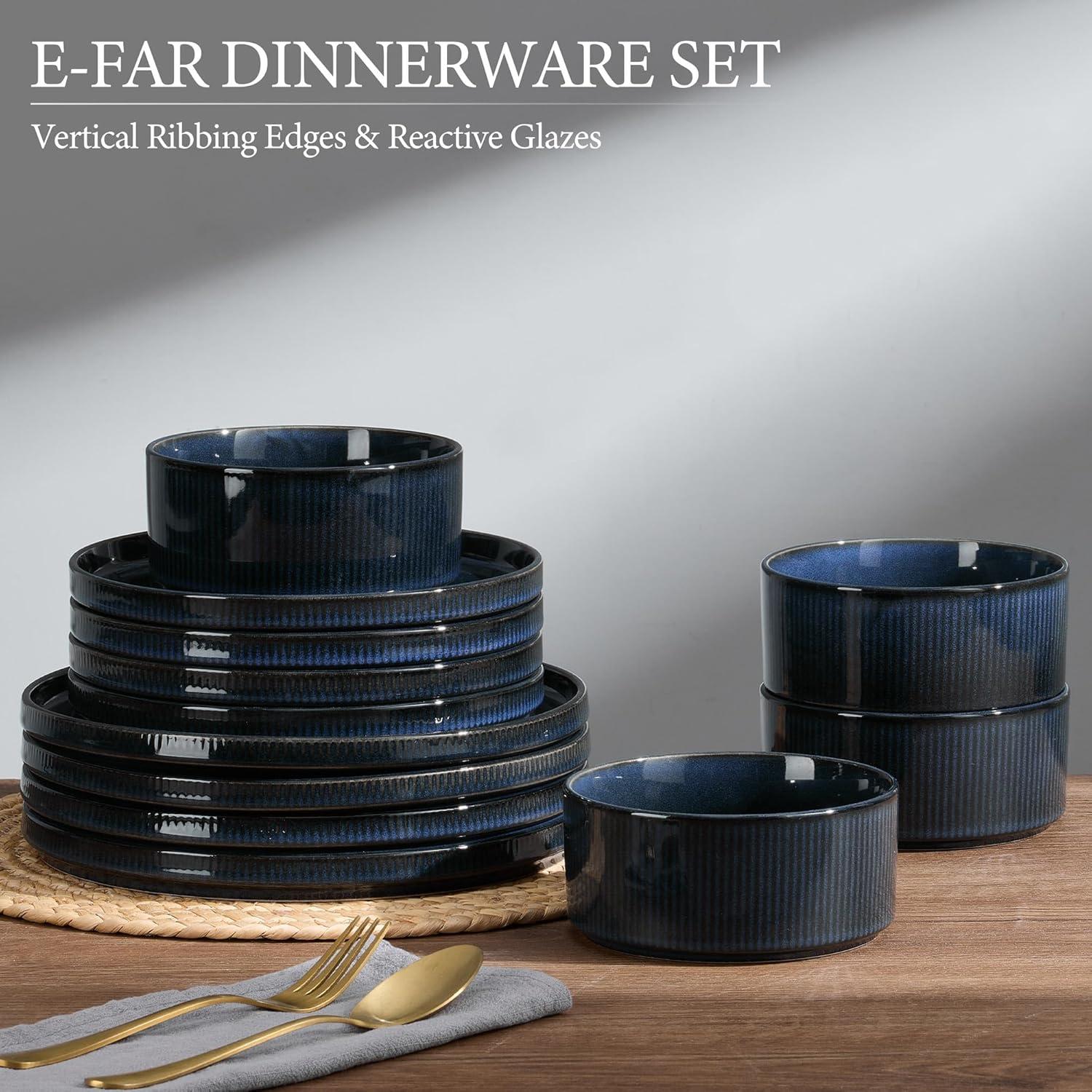 imageEfar Stoneware Dinnerware Sets for 2 6Piece Plates and Bowls Sets Chip amp Scratch Resistant Ribbed Dish Set for Home Restaurant Microwave amp Dishwasher Safe Midnight BlueMidnight Blue