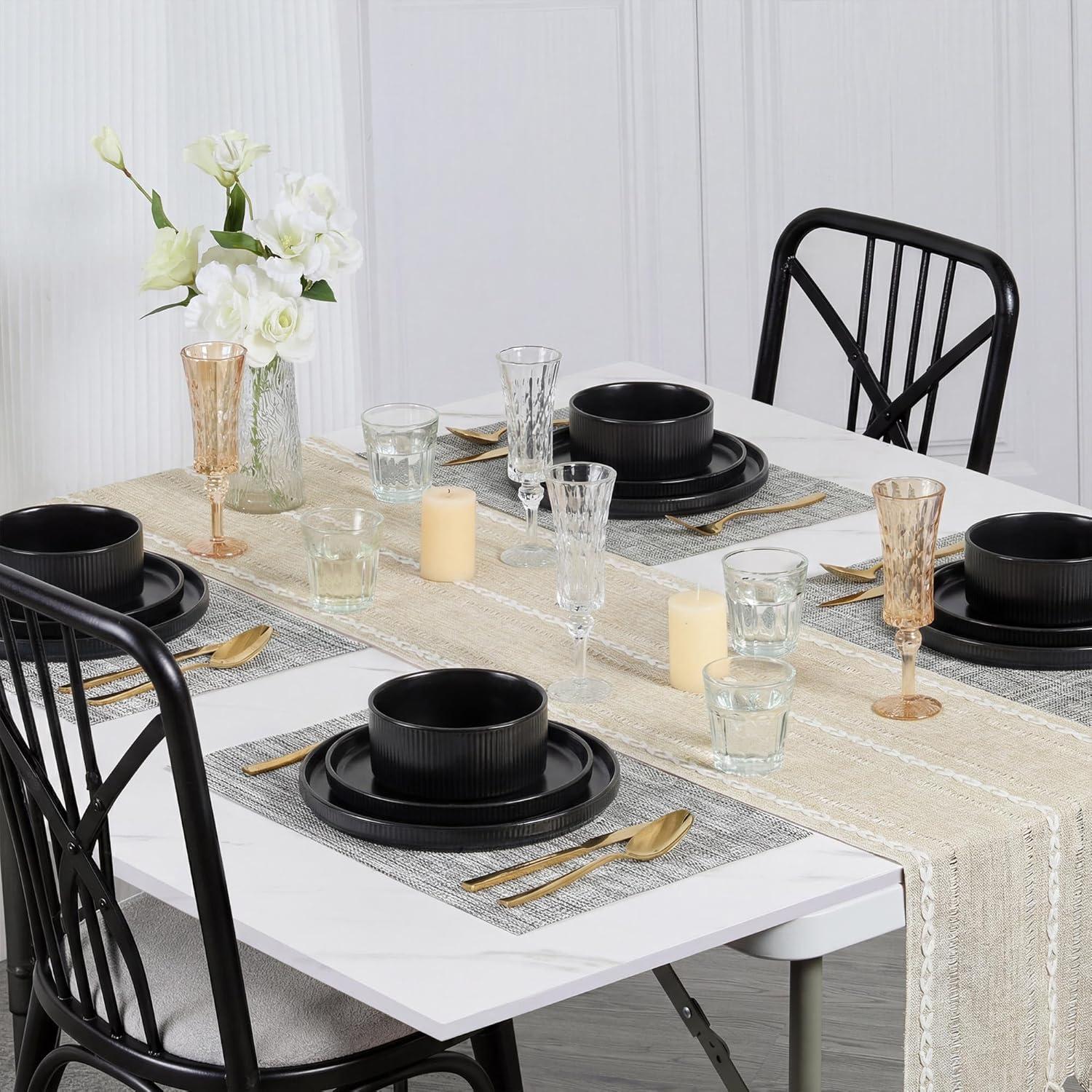 imageEfar Stoneware Dinnerware Sets for 2 6Piece Plates and Bowls Sets Chip amp Scratch Resistant Ribbed Dish Set for Home Restaurant Microwave amp Dishwasher Safe Dusty BlueMatte Black