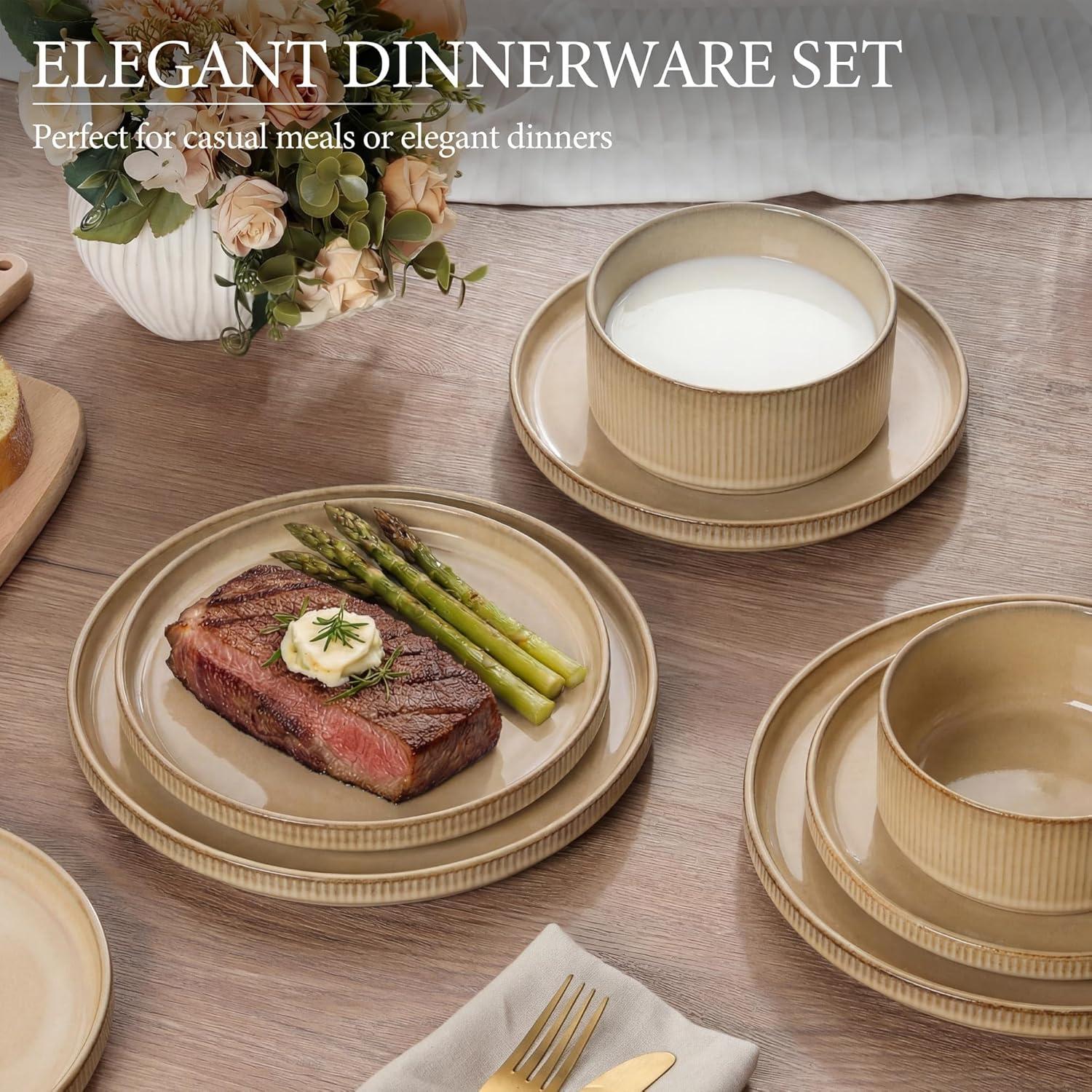 imageEfar Stoneware Dinnerware Sets for 2 6Piece Plates and Bowls Sets Chip amp Scratch Resistant Ribbed Dish Set for Home Restaurant Microwave amp Dishwasher Safe Dusty BlueCaramel Khaki