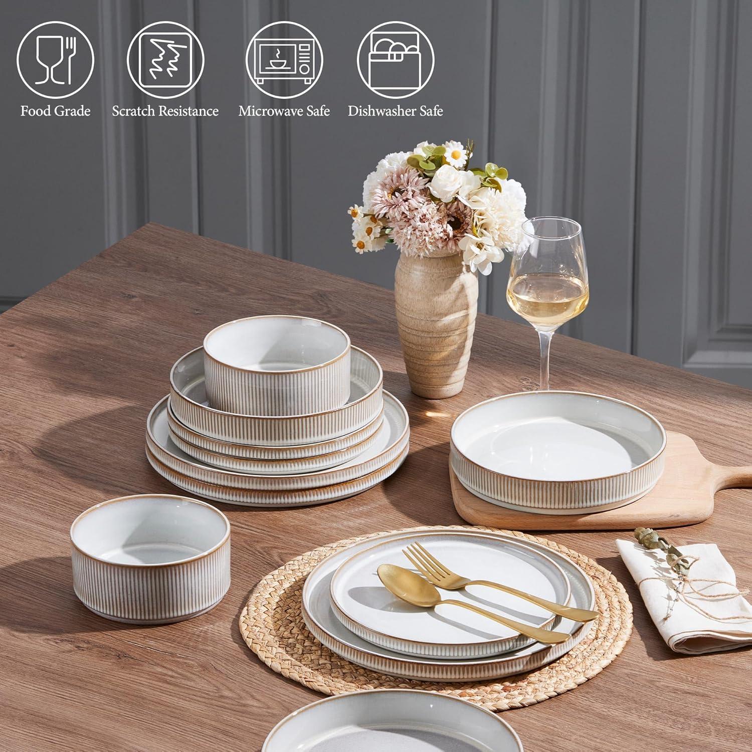 imageEfar Stoneware Dinnerware Sets for 2 6Piece Plates and Bowls Sets Chip amp Scratch Resistant Ribbed Dish Set for Home Restaurant Microwave amp Dishwasher Safe Midnight BlueCreamy Beige